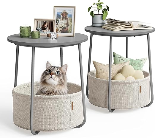 Nightstands Set of 2 Small Round Side Tables with Fabric Basket