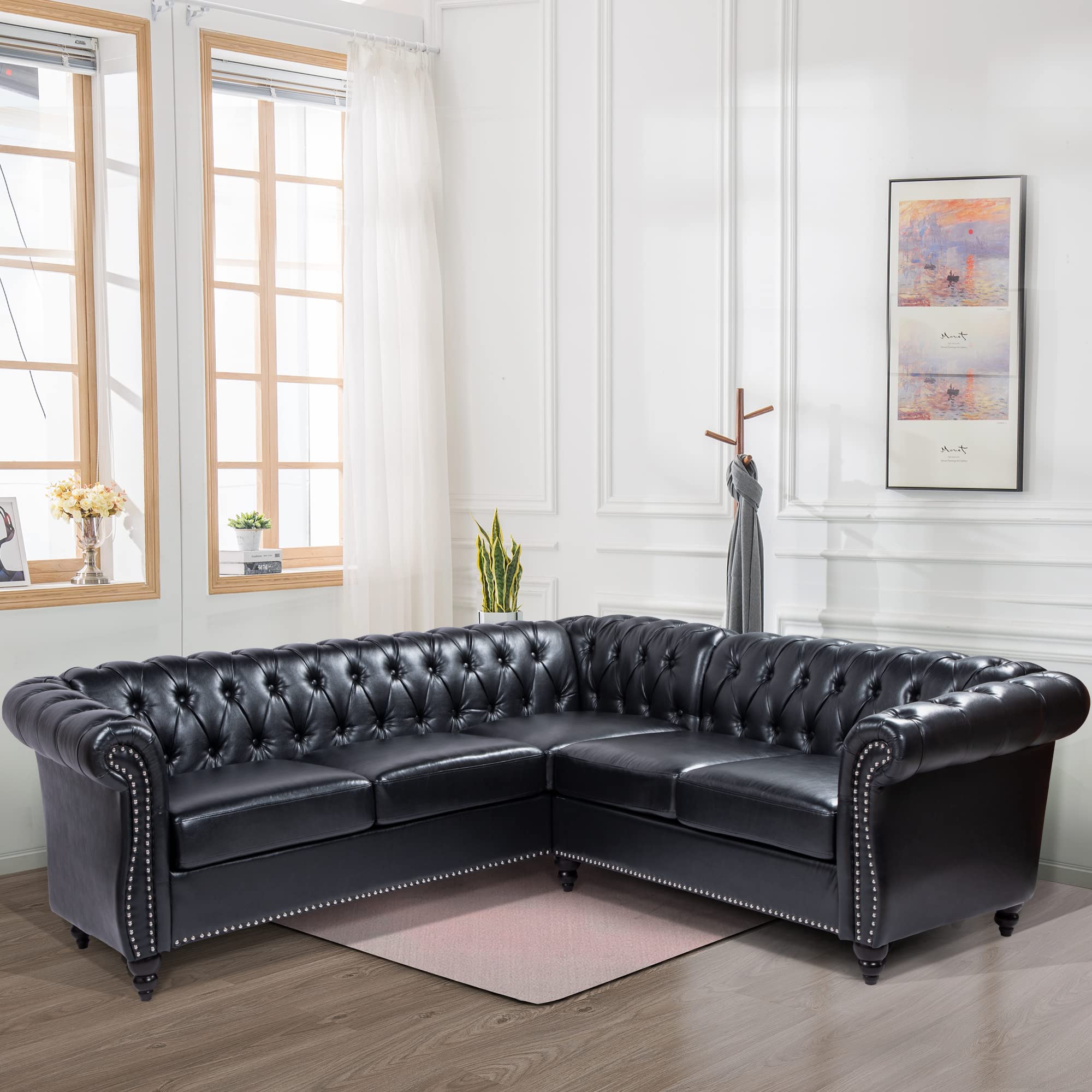 Chesterfield L-Shaped Sectional Sofa 5-Seater Black