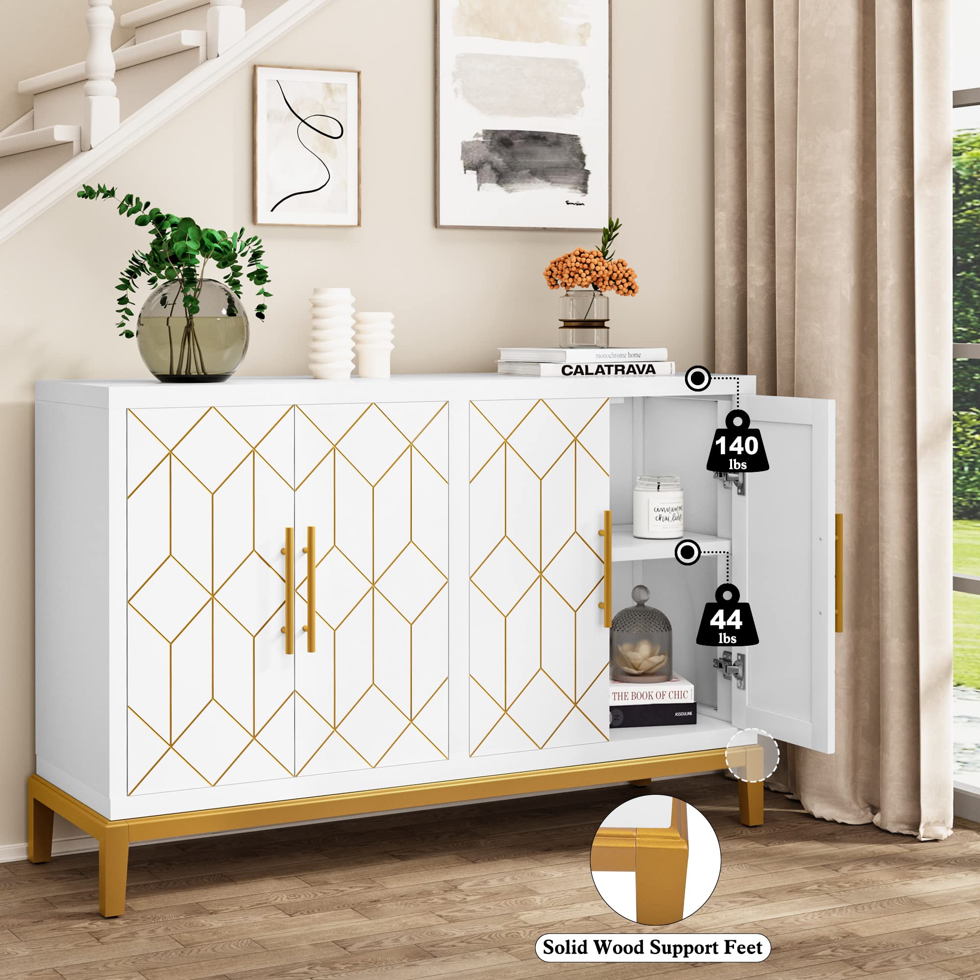 4-Door Buffet Cabinet with Gold Trim