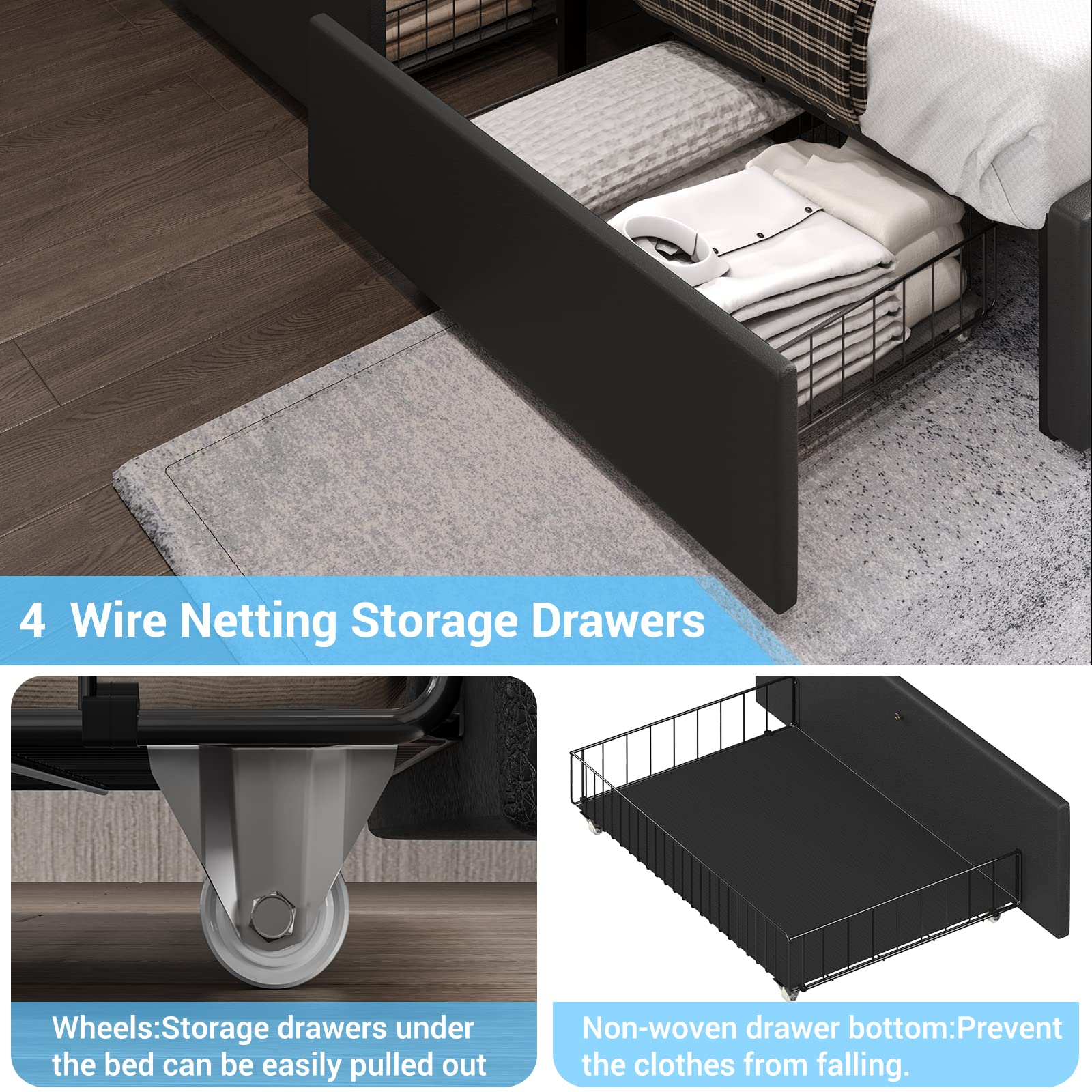 Queen Platform Bed Frame with LED Headboard, 4 Storage Drawers & USB Ports – Black Faux Leather, No Box Spring