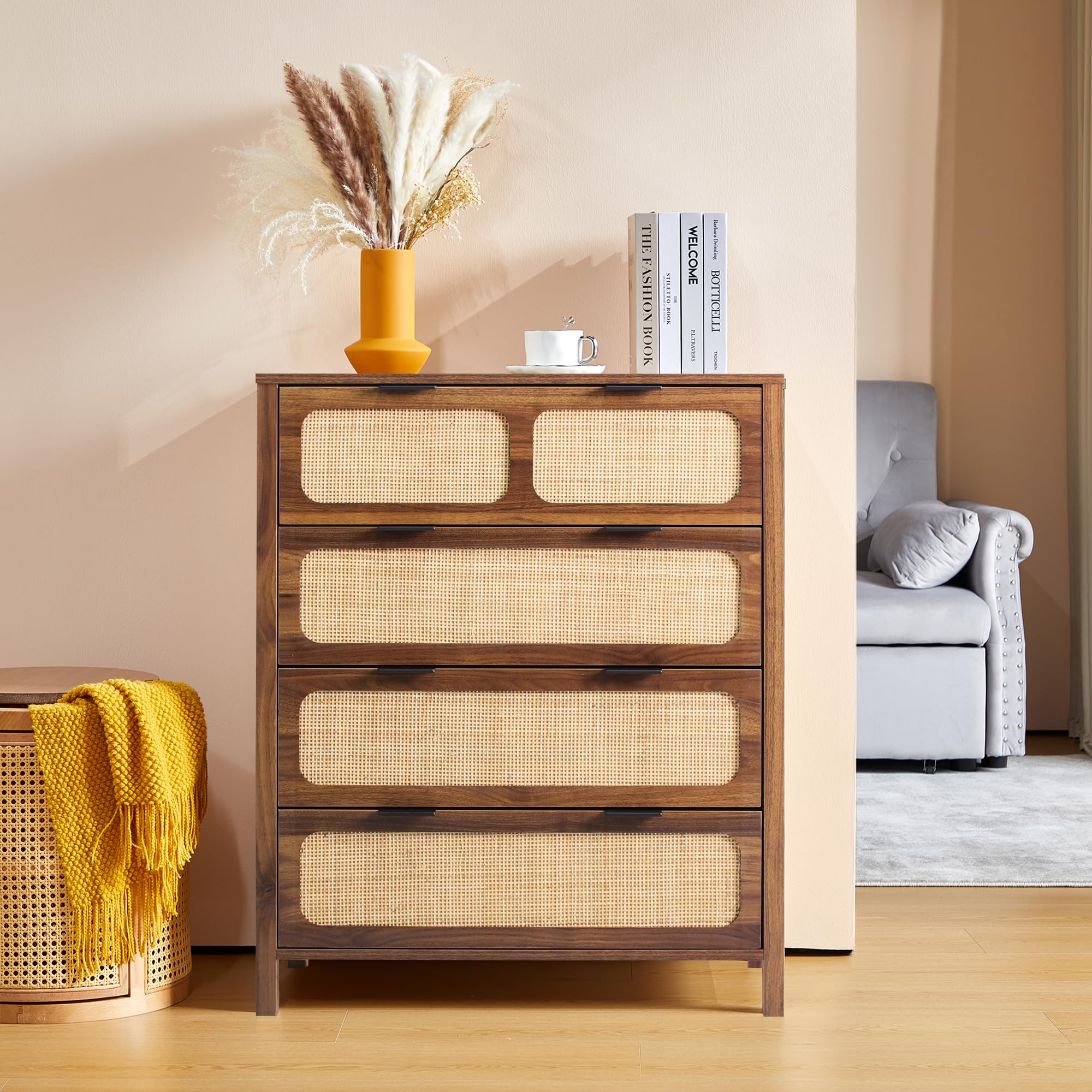 4 Drawer Rattan Dresser with Metal Handles