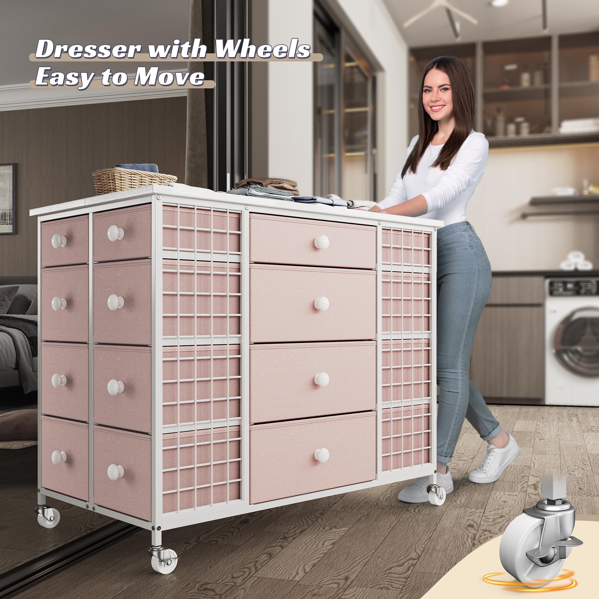 24 Drawer Dresser with Wheels - Pink Metal Frame Storage Organizer