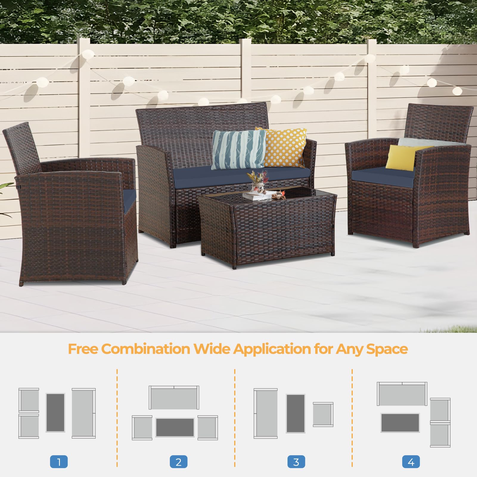 4 Piece Outdoor Patio Furniture Set with Table and Loveseat