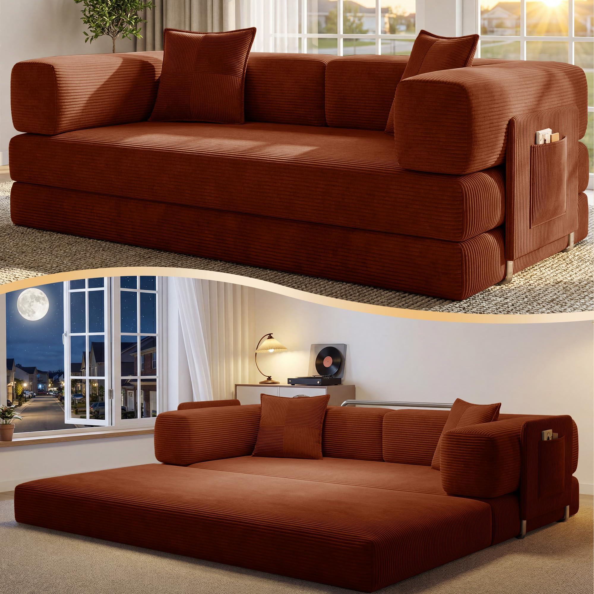 Convertible Futon Sofa Bed with Storage Pocket