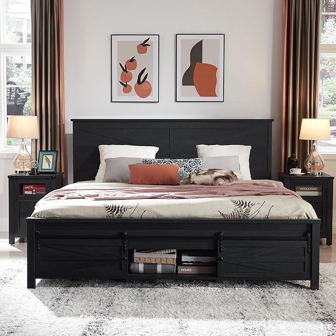 Farmhouse Wood Bed Frame Queen Size with Storage Cabinets