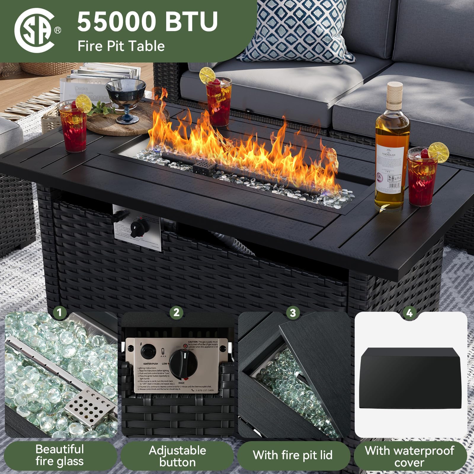 8 Piece Patio Furniture Set with Fire Pit Table