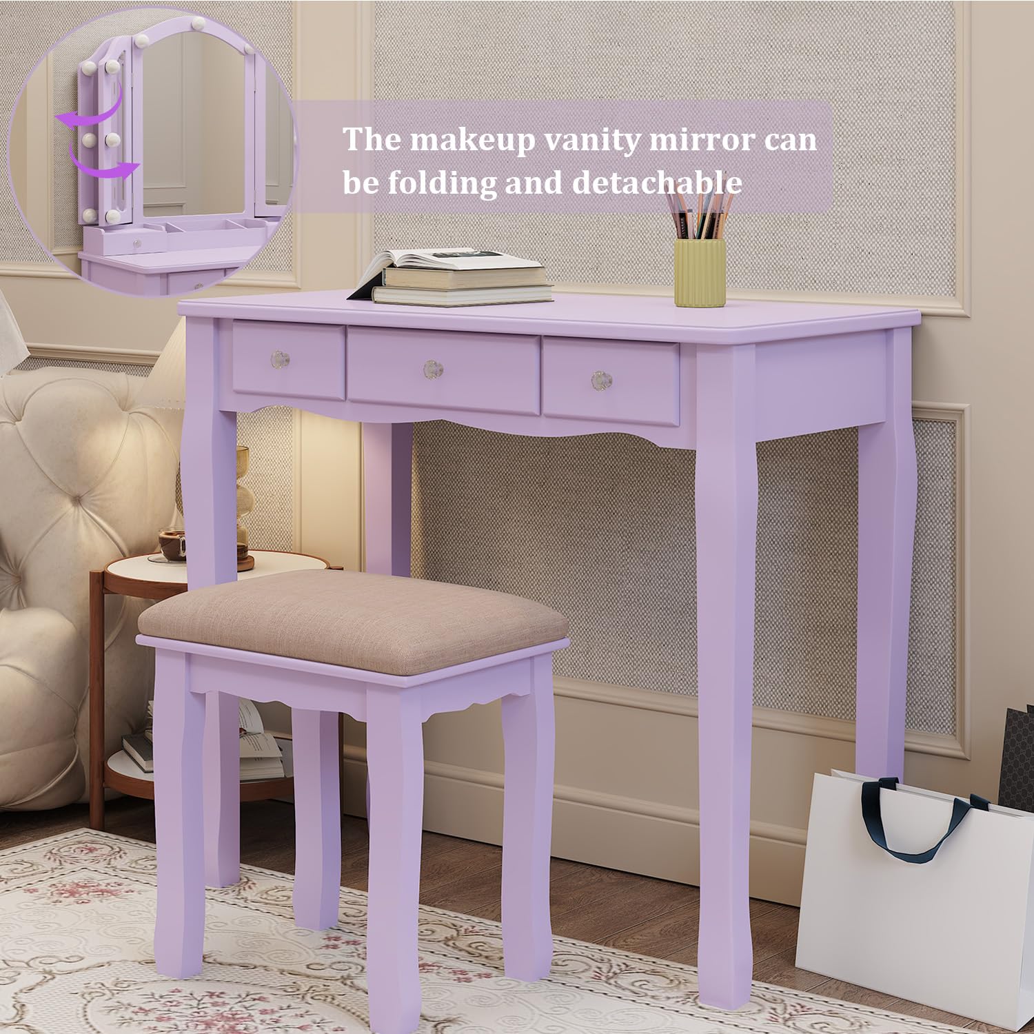 Purple Vanity Desk with Lighted Mirror and Drawers