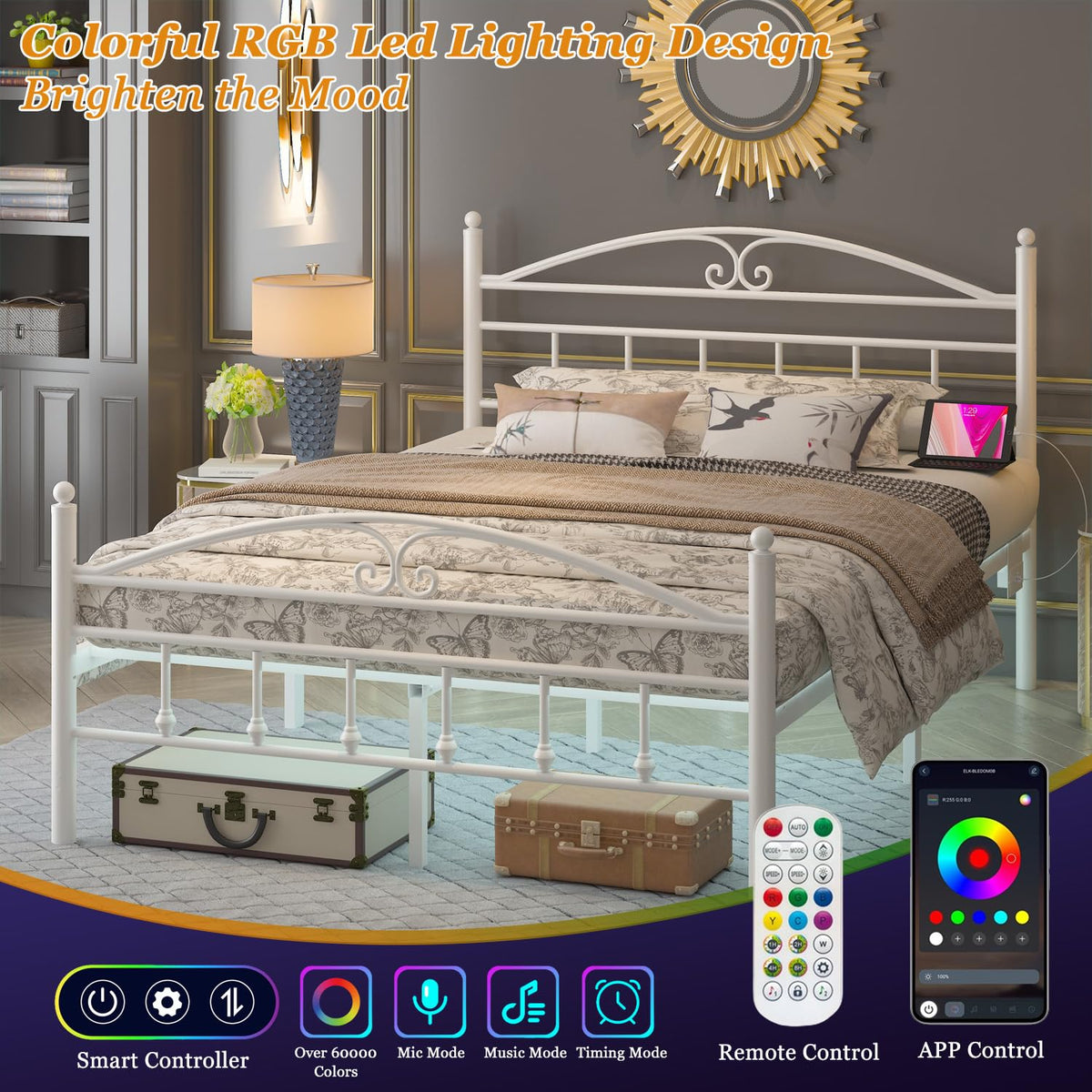 12 Inch Full Size Bed Frame with Charging Station and LED Lights