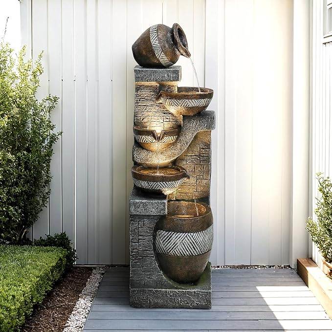 40-Inch Modern Outdoor Fountain with LED Light