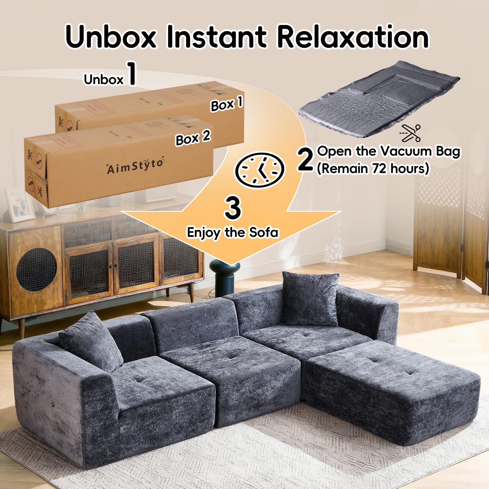 Cloud Modular Sectional Sofa - 108" L-Shaped Velvet Couch with Chaise