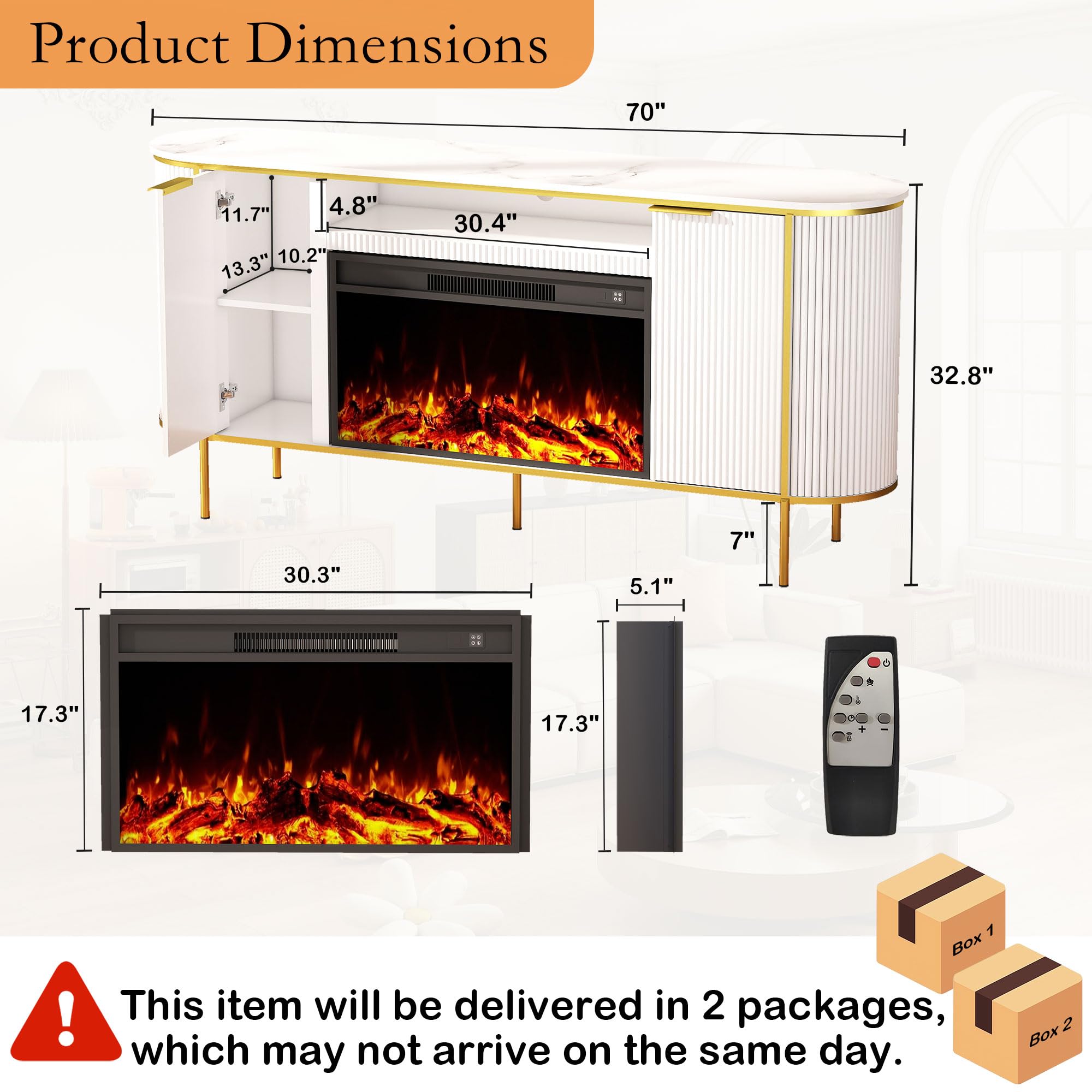 70" Fluted Fireplace TV Stand with Storage