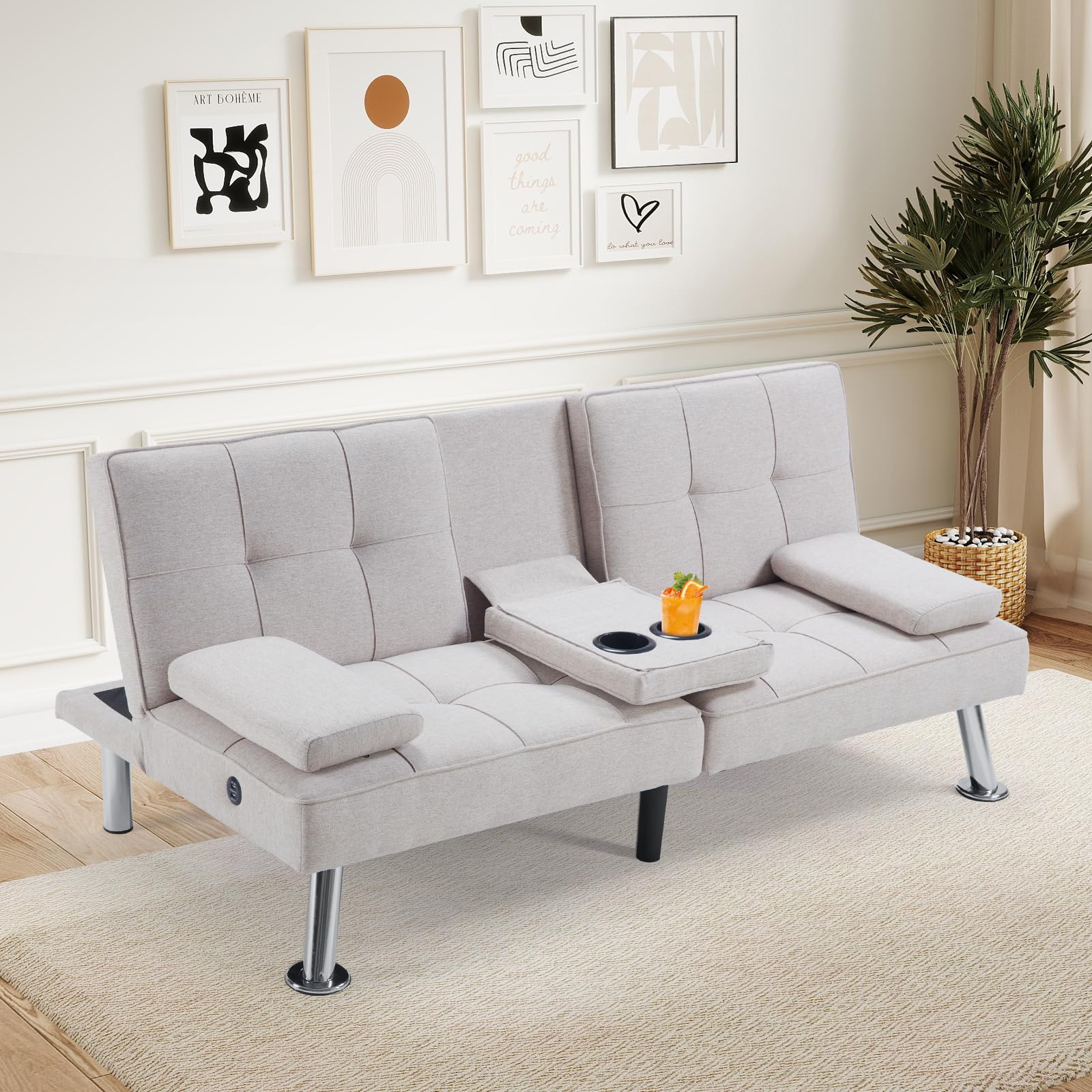 Convertible Futon Sofa Bed with USB Charging Port