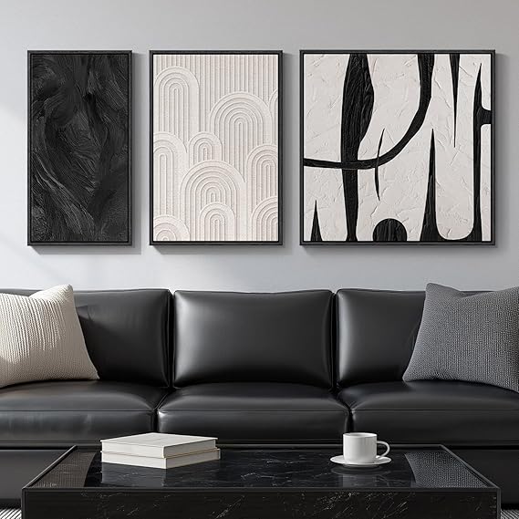 3 Piece Framed Black and White Abstract Canvas Wall Art