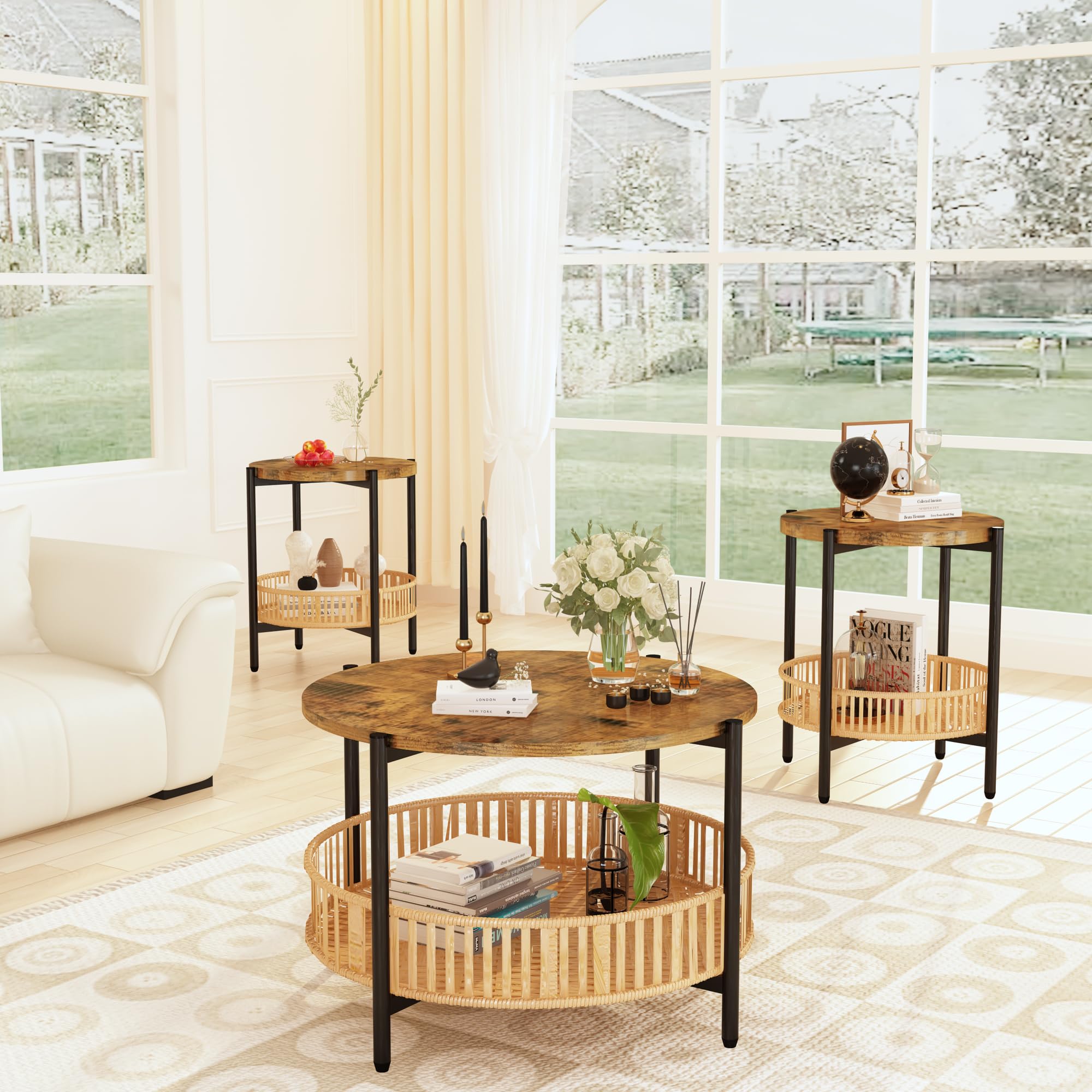 3-Piece Coffee Table Set with Rattan Storage Shelf