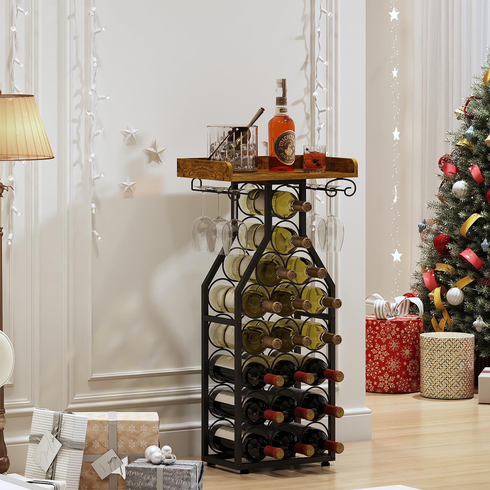 Wine Rack Freestanding Floor Storage with Glass Holder