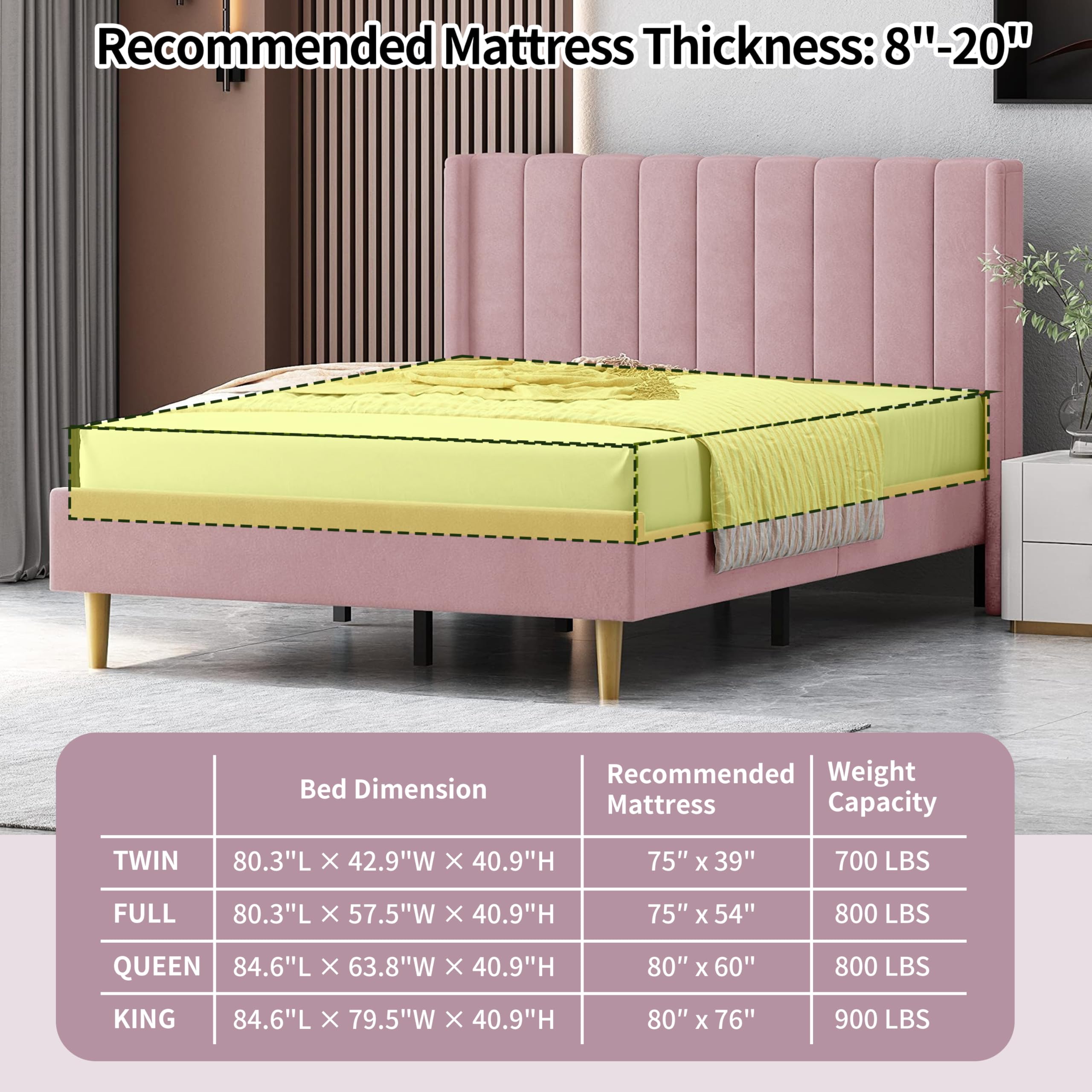 Pink Full Size Upholstered Platform Bed Frame with Wingback Headboard