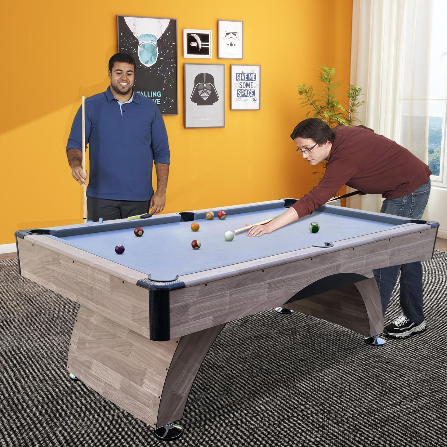 7FT Pool Table with Automatic Ball Return, Modern Arched-Leg Billiards Table with Durable Matte-Black Finish and Complete Accessories for Family Game Room & Recreation Space (Wood)