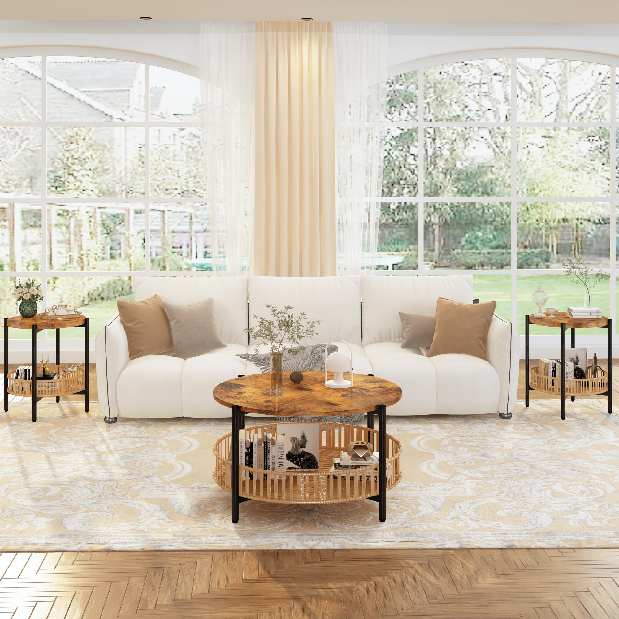 3-Piece Coffee Table Set with Rattan Storage Shelf