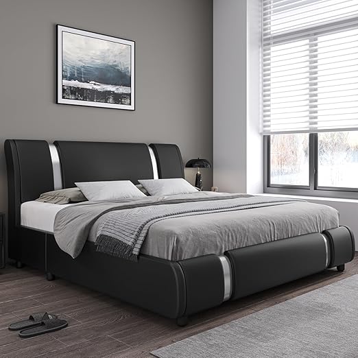 Modern Faux Leather Platform Bed Frame Queen