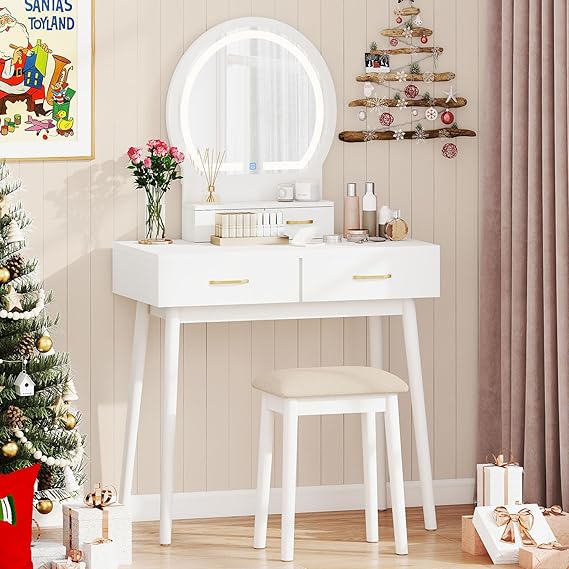 Navy Blue Vanity Desk with 3-Color Lighted Mirror and 4 Drawers