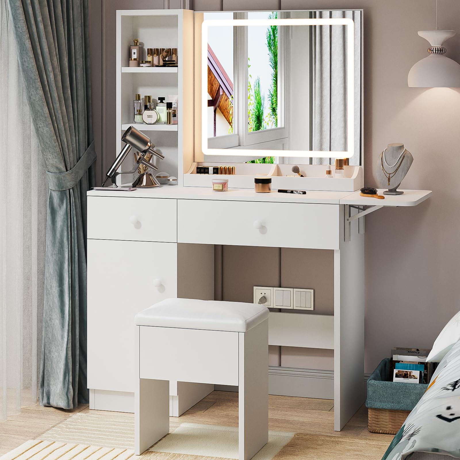 White Vanity Desk with Lighted Mirror and Charging Station