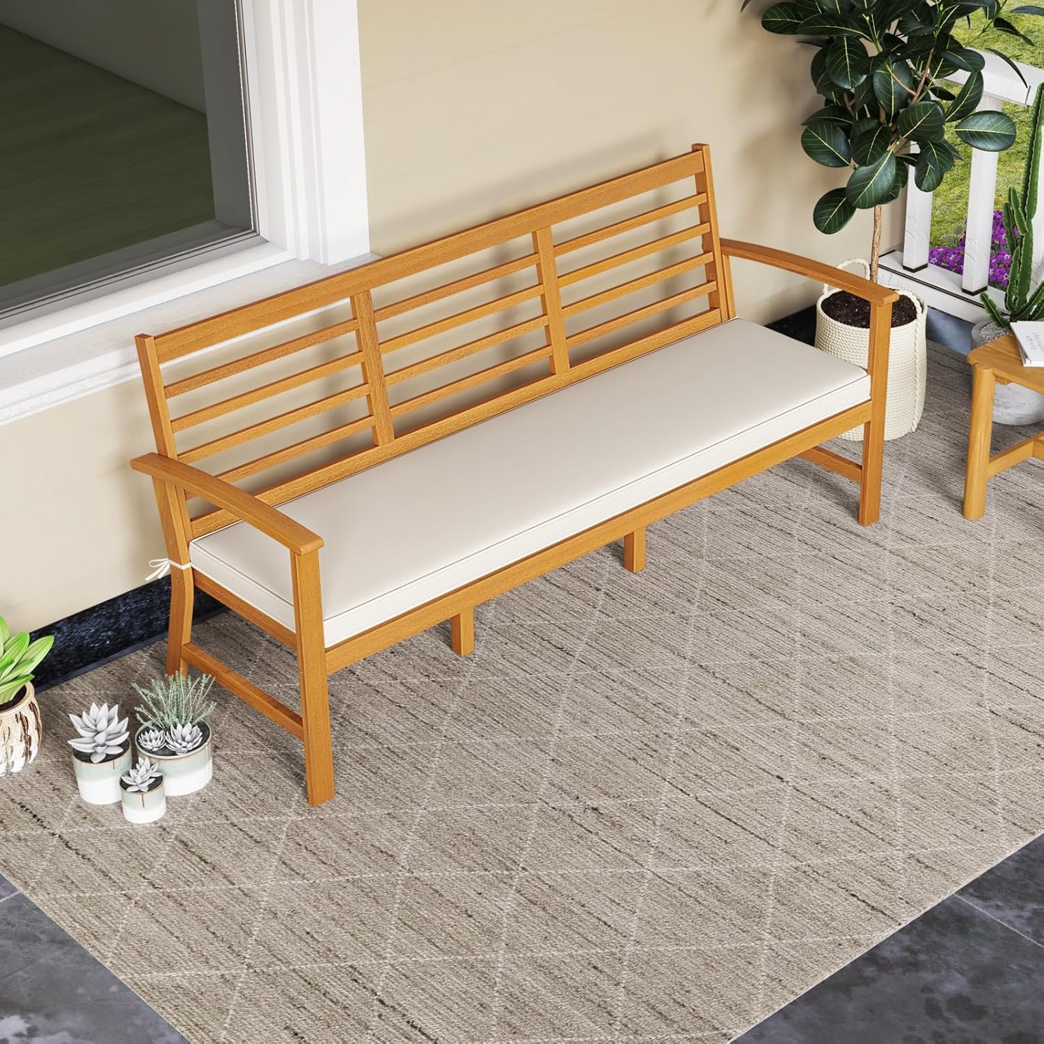 64" Acacia Wood Outdoor Bench with Cushion