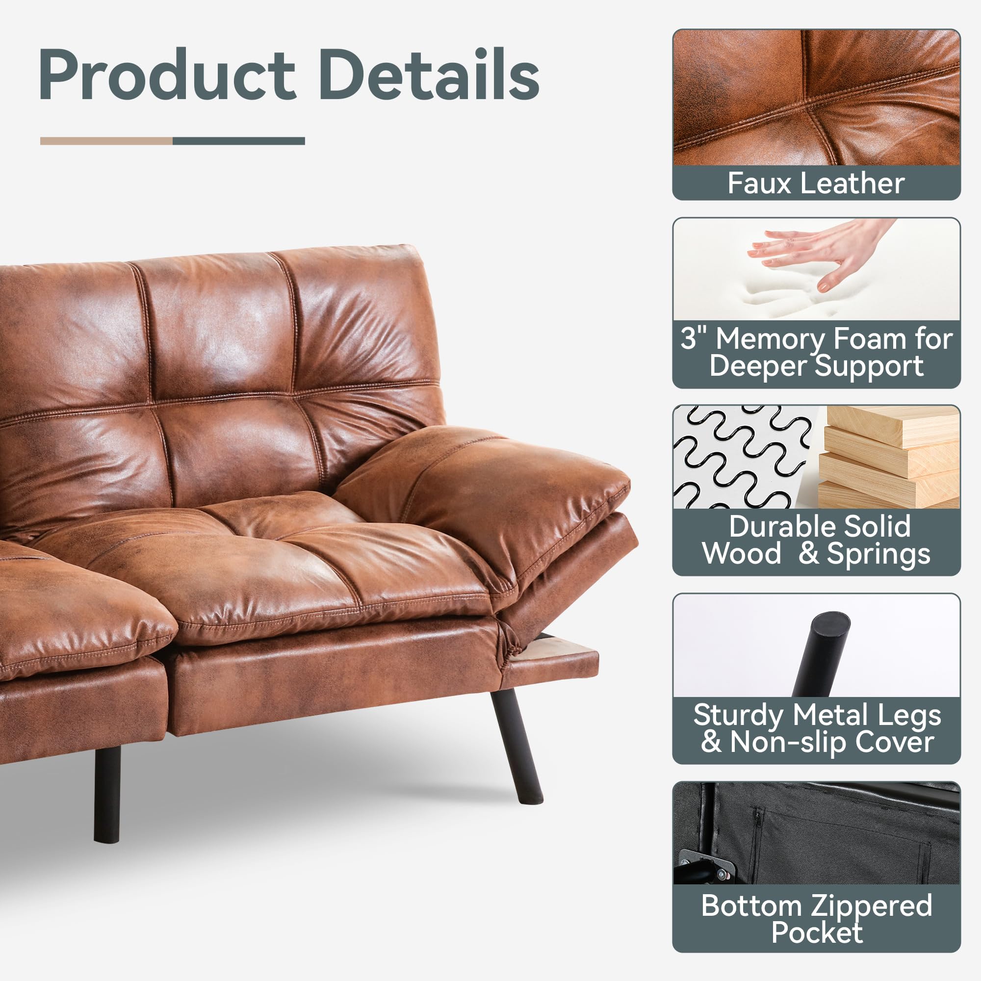 71" Futon Sofa Bed - Convertible Couch with Memory Foam
