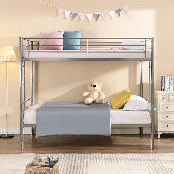 Twin Over Twin Metal Bunk Bed with Ladder and Guardrail - Pink