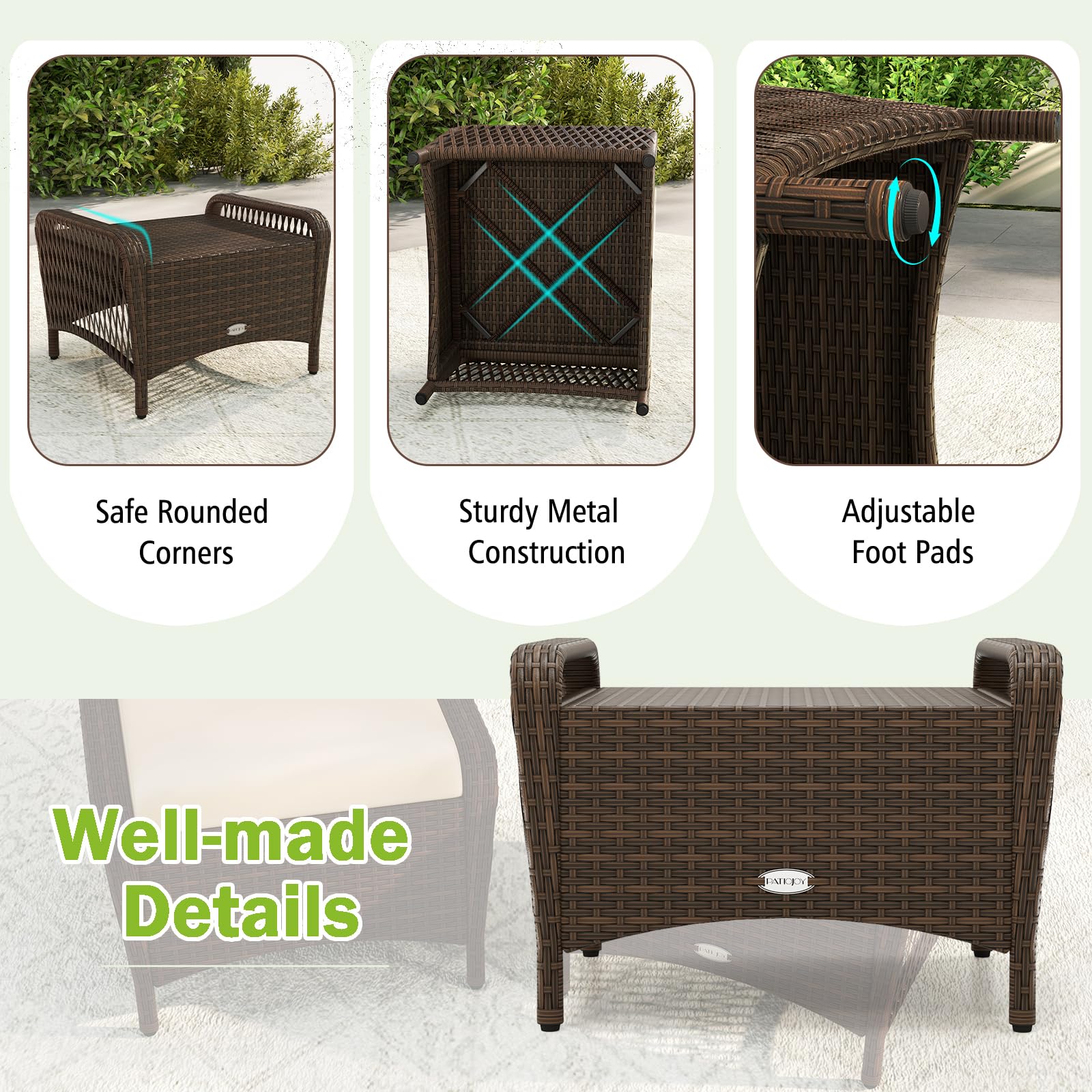 2-Piece Wicker Outdoor Ottoman Set with Removable Cushions