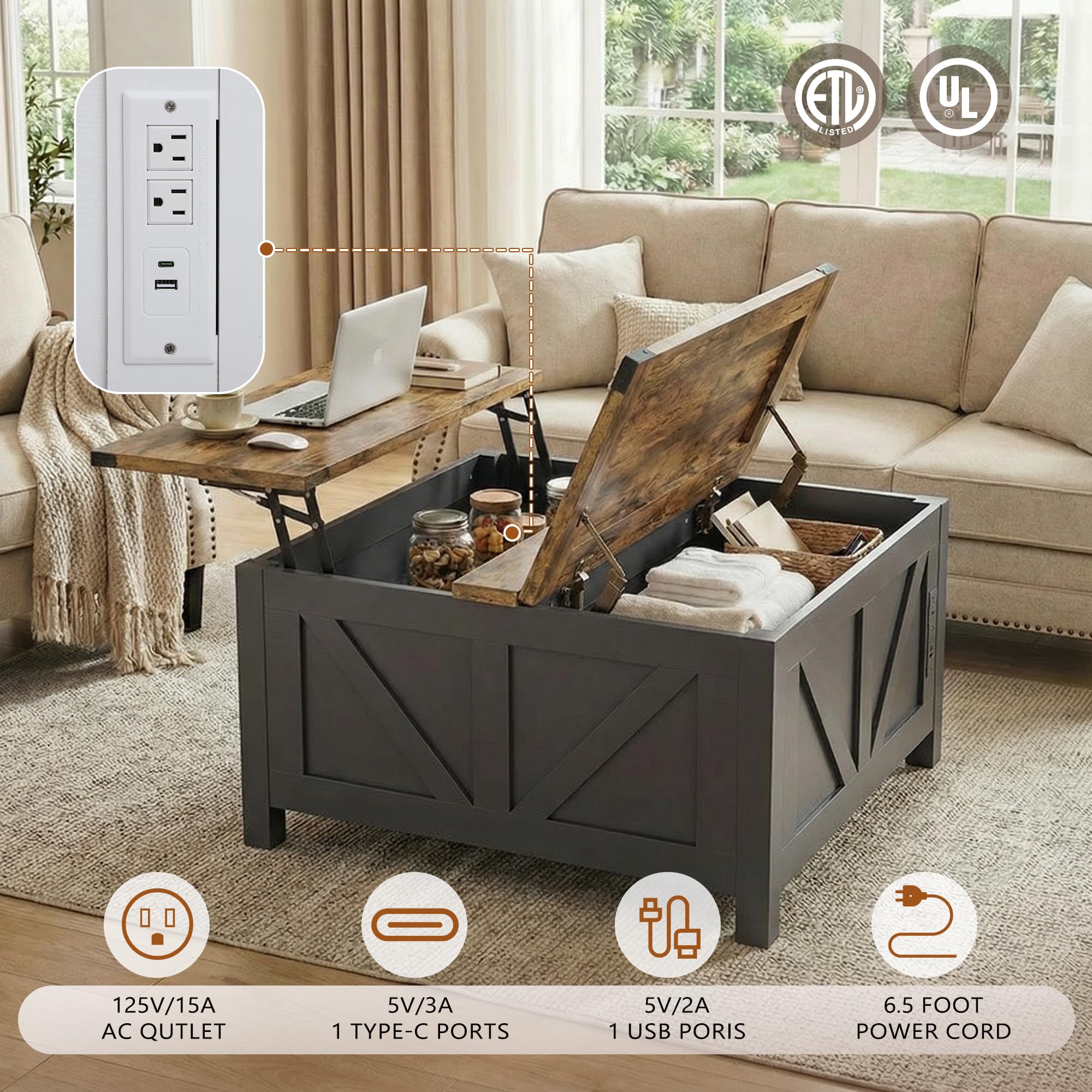 Farmhouse Lift Top Coffee Table with Charging Station