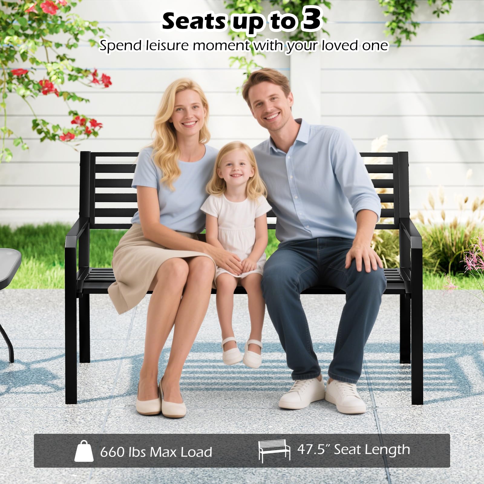 50" Outdoor Metal Park Bench with Armrests and Backrest