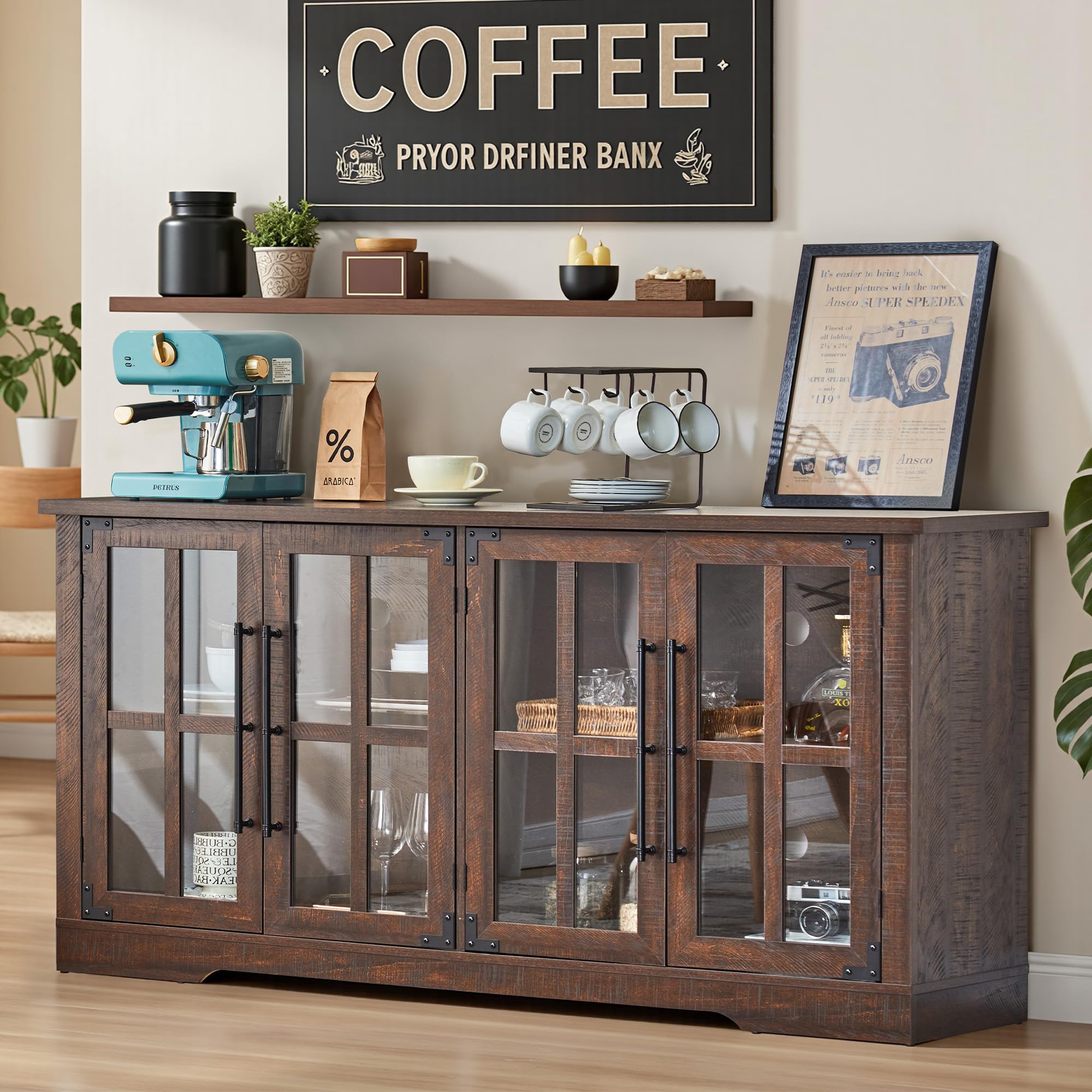 63" Farmhouse Buffet Sideboard Cabinet with Glass Door