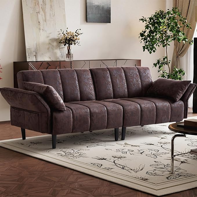 83" Faux Leather Futon Couch - Mid Century Modern Convertible Sofa