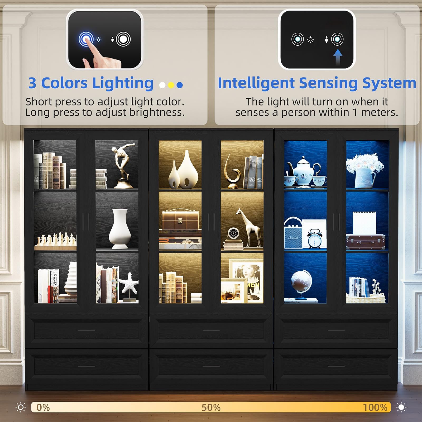 Display Cabinet with LED Lights and Motion Sensor