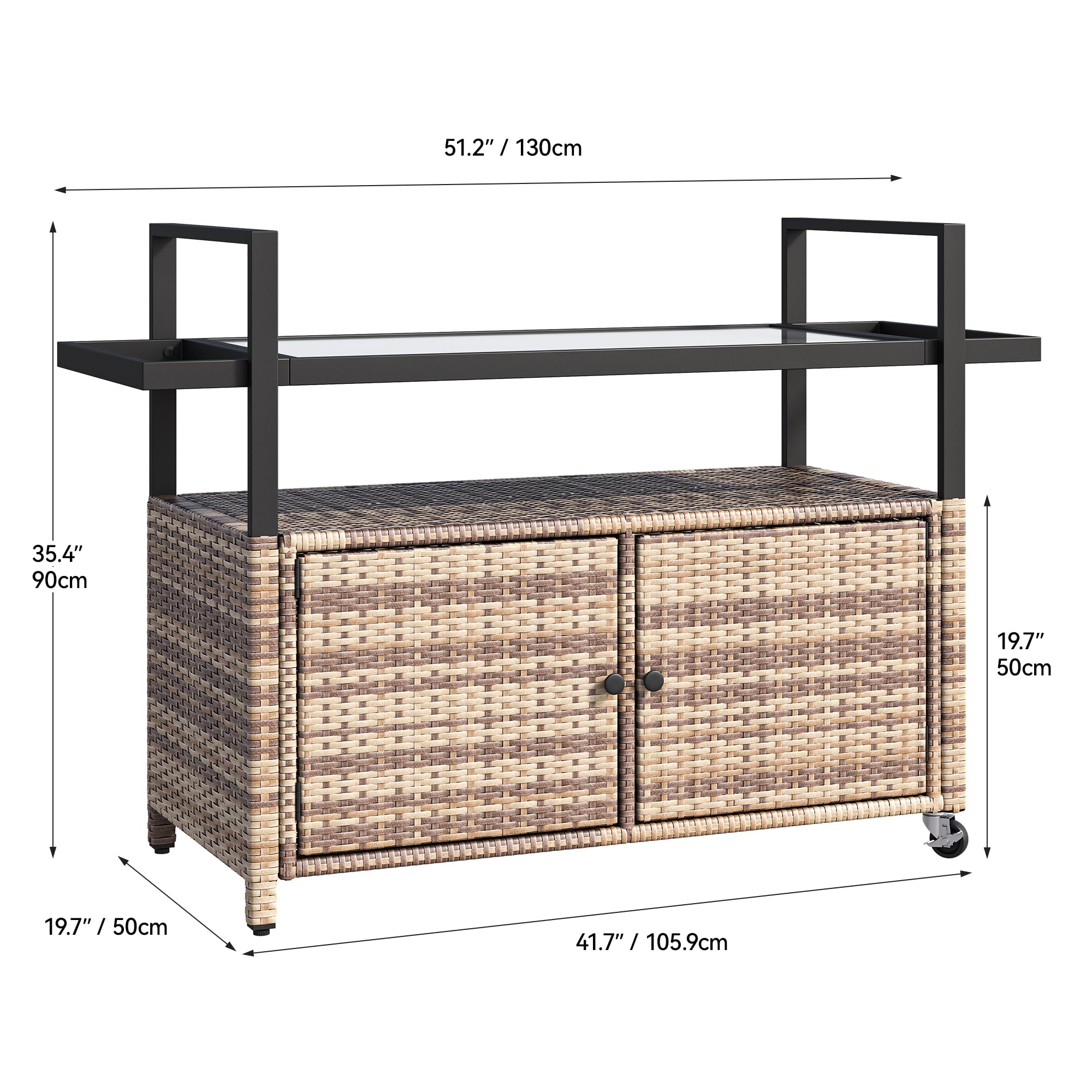 Outdoor Kitchen Wicker Island Rolling Cart with Glass Top