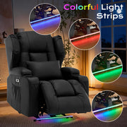 URRED Recliner Chair for Adults, Power Reclining Sofa Chair Home Theater Seating with Vibration Massage and Heat, LED Ambient Light, USB Ports, Cup Holders, Side Pockets (Black)
