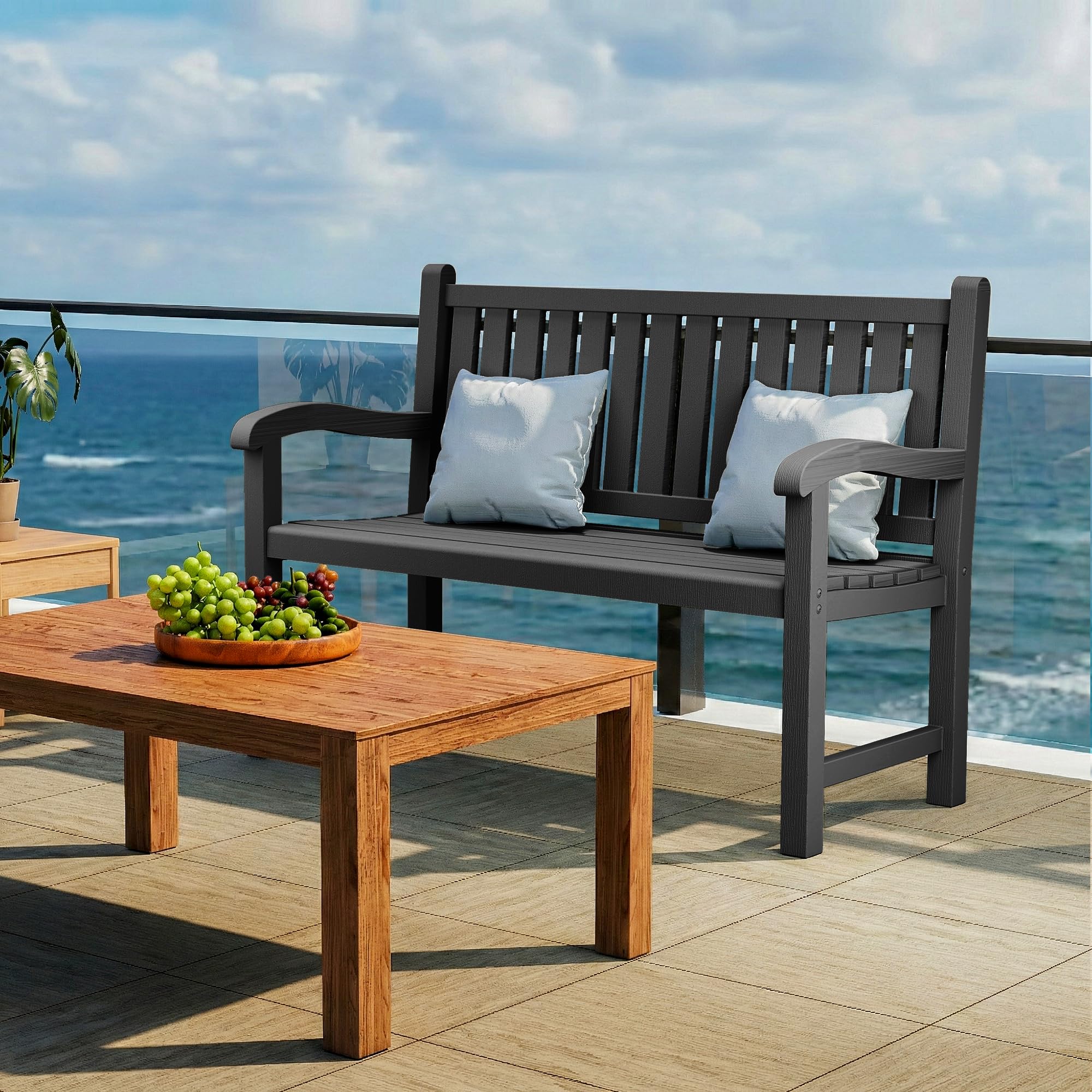 Outdoor Resin Bench Waterproof 2-Person Patio Seating