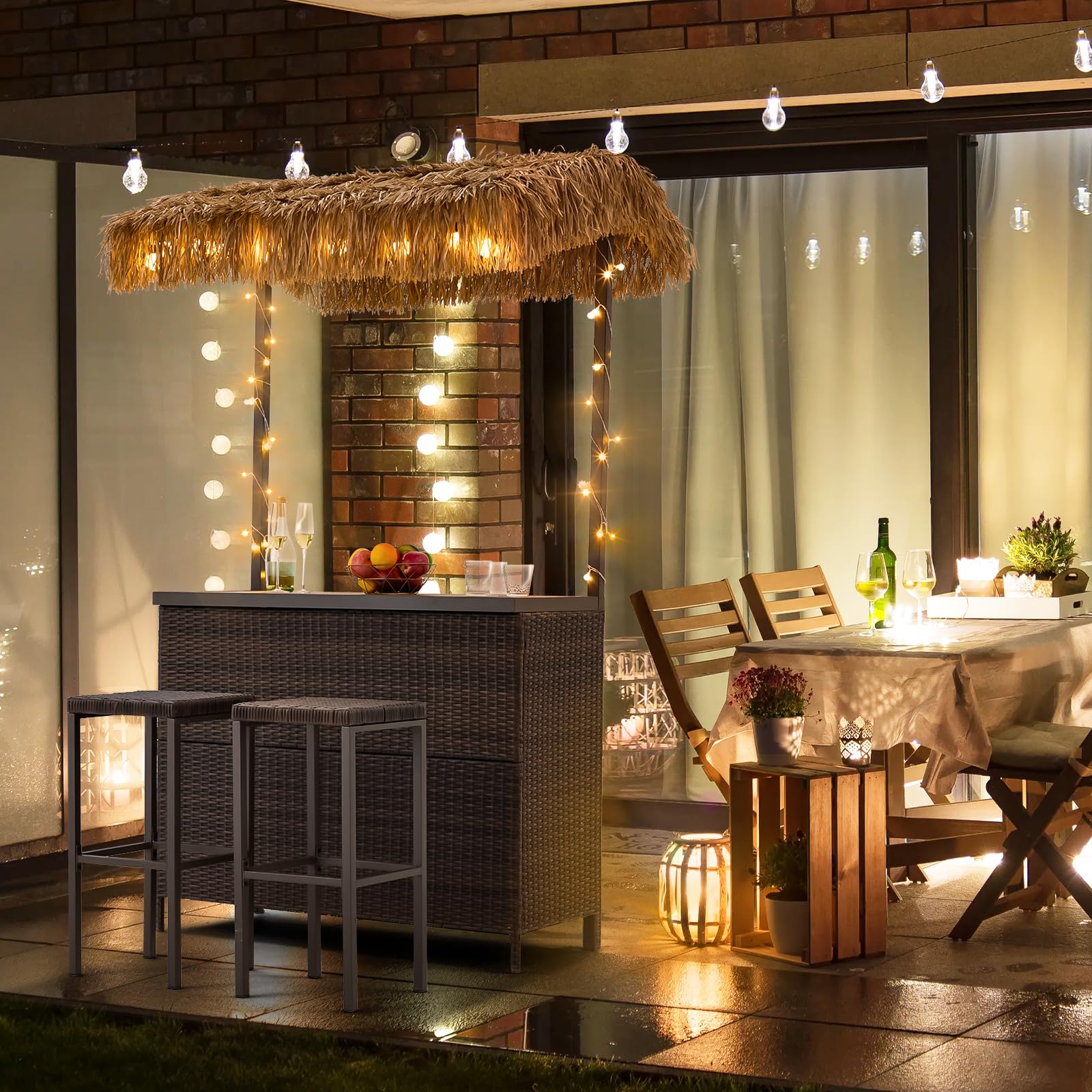 Outdoor Tiki Bar Set with 2 Stools