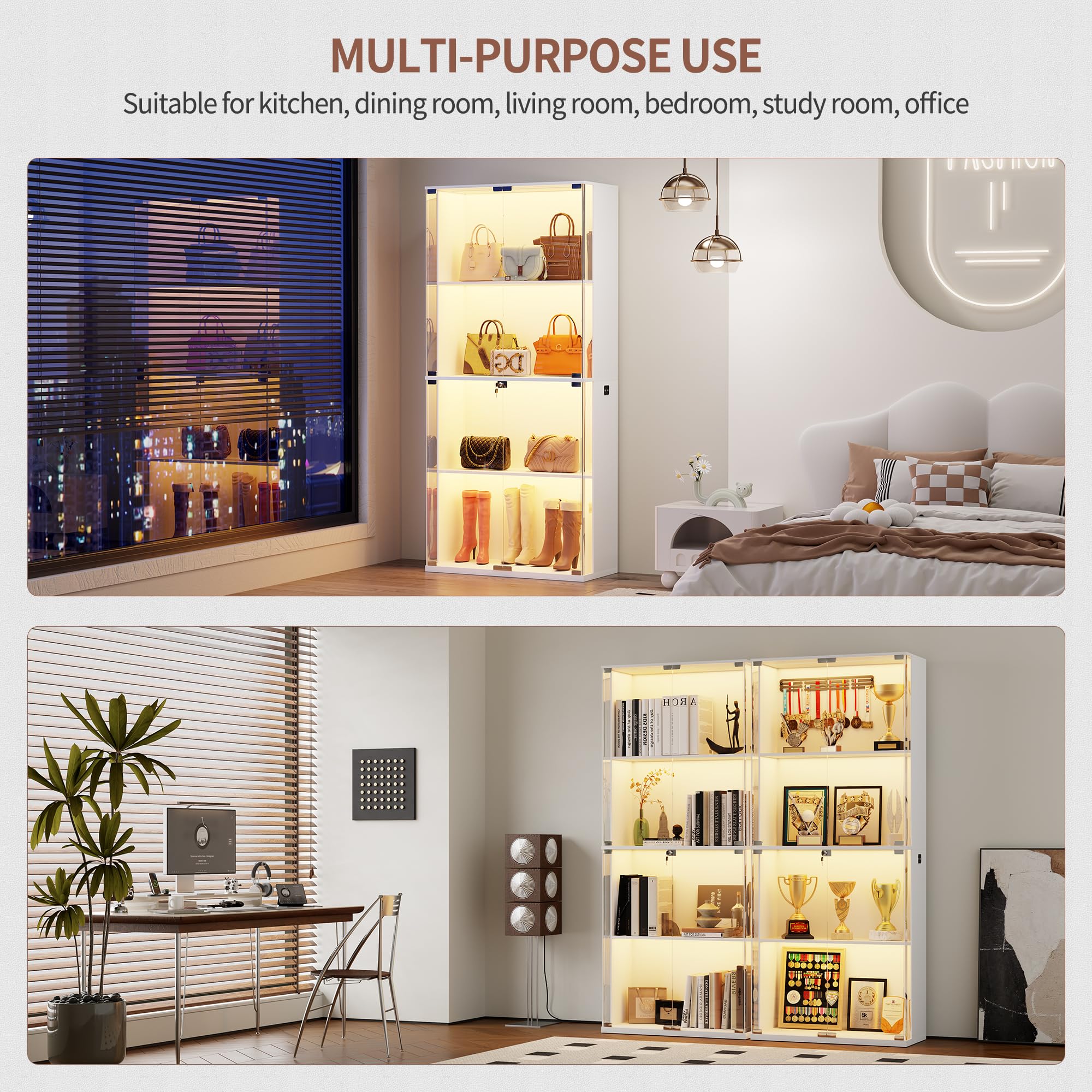 Glass Display Cabinet with LED Lights 4-Tier Curio Display Case with Lock