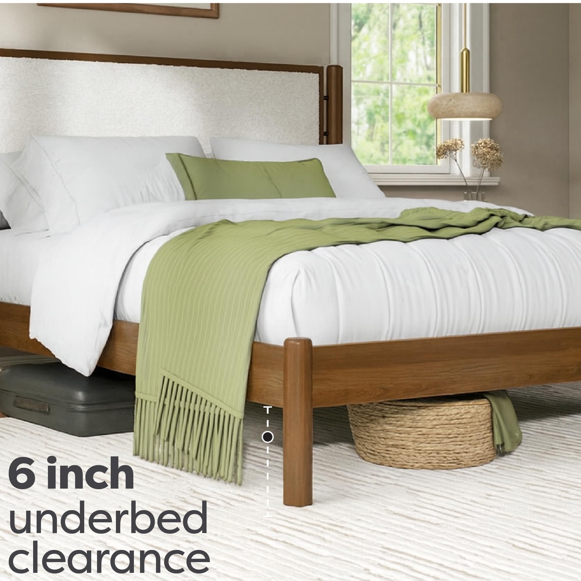 Queen Solid Wood Bed Frame with Upholstered Boucle Headboard
