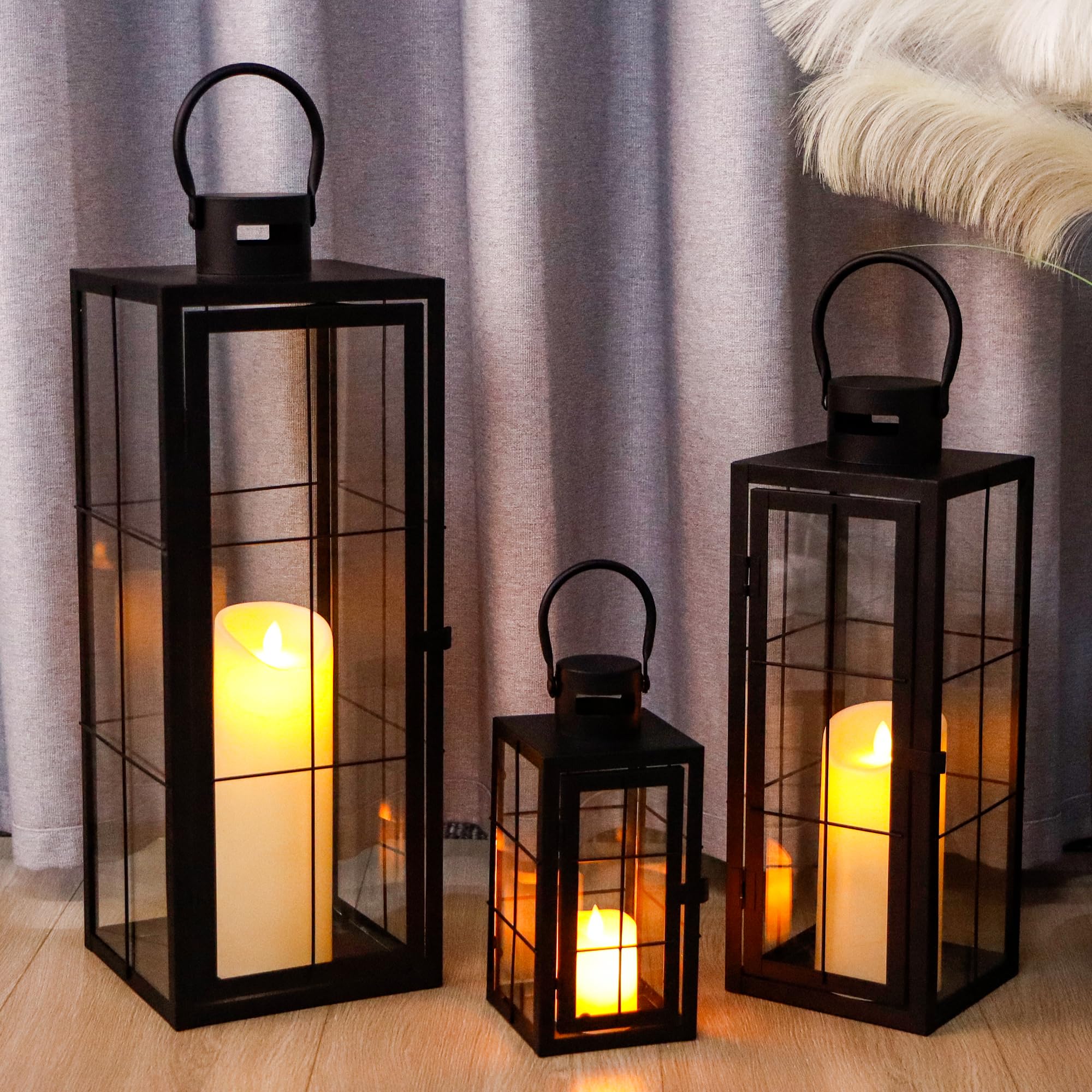 Metal Candle Lantern Set of 3 - Black Decorative Hanging Lanterns