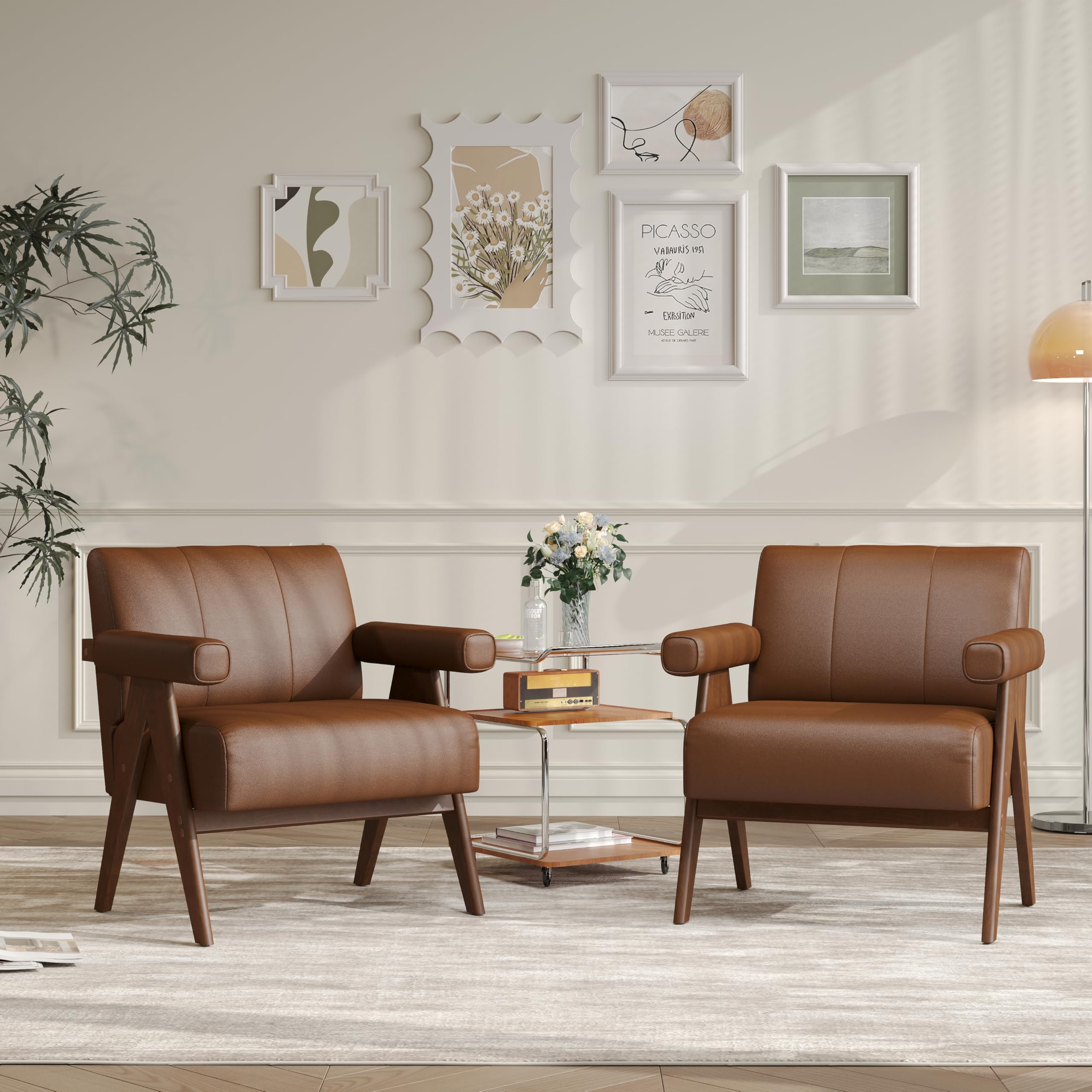 JIASTING Mid Century Modern Accent Chair, Brown Leather Office Reading Accent Chairs, Small Comfy Side Arm Chairs for Living Room Bedroom, Wood Arms (2, Brown)