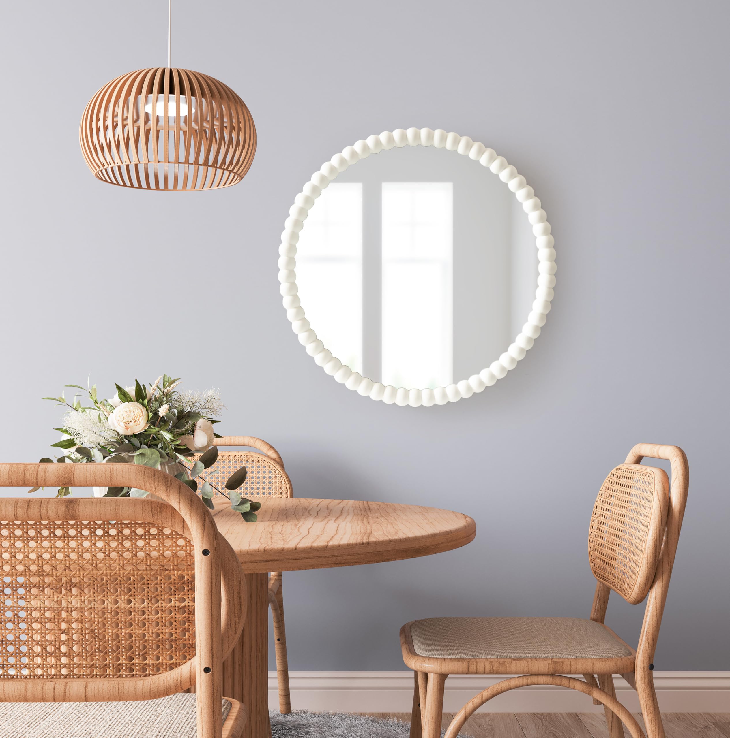 28 Inch Round White Beaded Wall Mirror