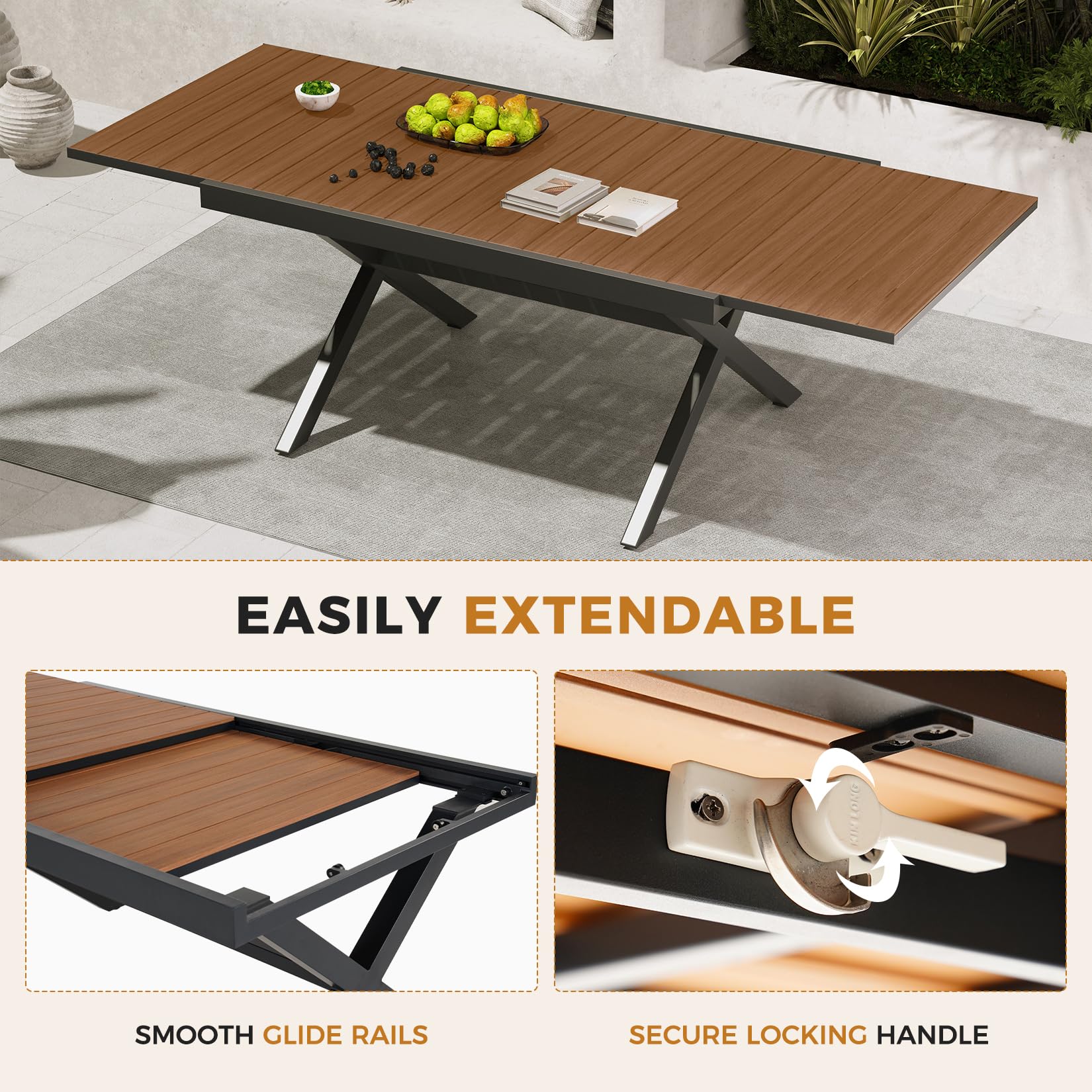 Grand patio Expandable Patio Dining Table, Extra Large 94.5" L x 37" W Outdoor Dining Table for 6-10 Person Wood Grain Rectangular Patio Table with E-Coating for Garden Porch Deck, Black