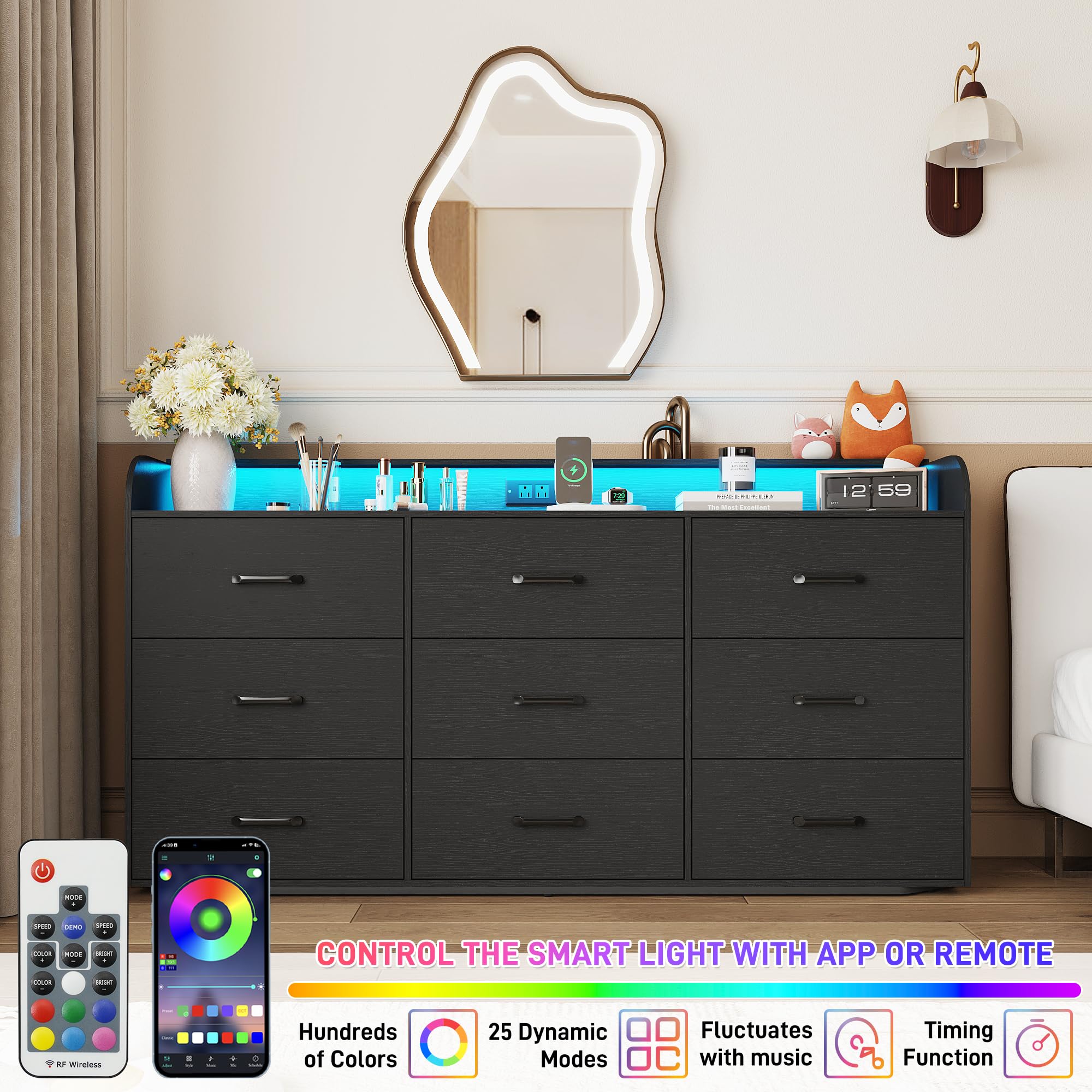 9-Drawer Dresser with Power Outlet and LED Lights