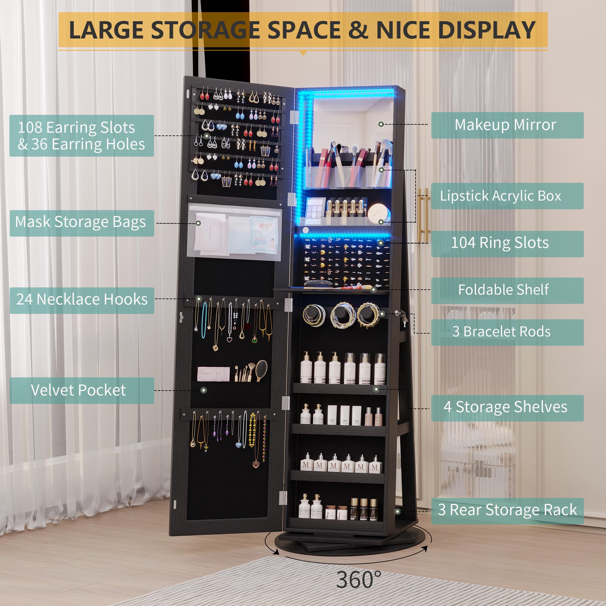 360° Swivel Mirror Jewelry Cabinet with Lights