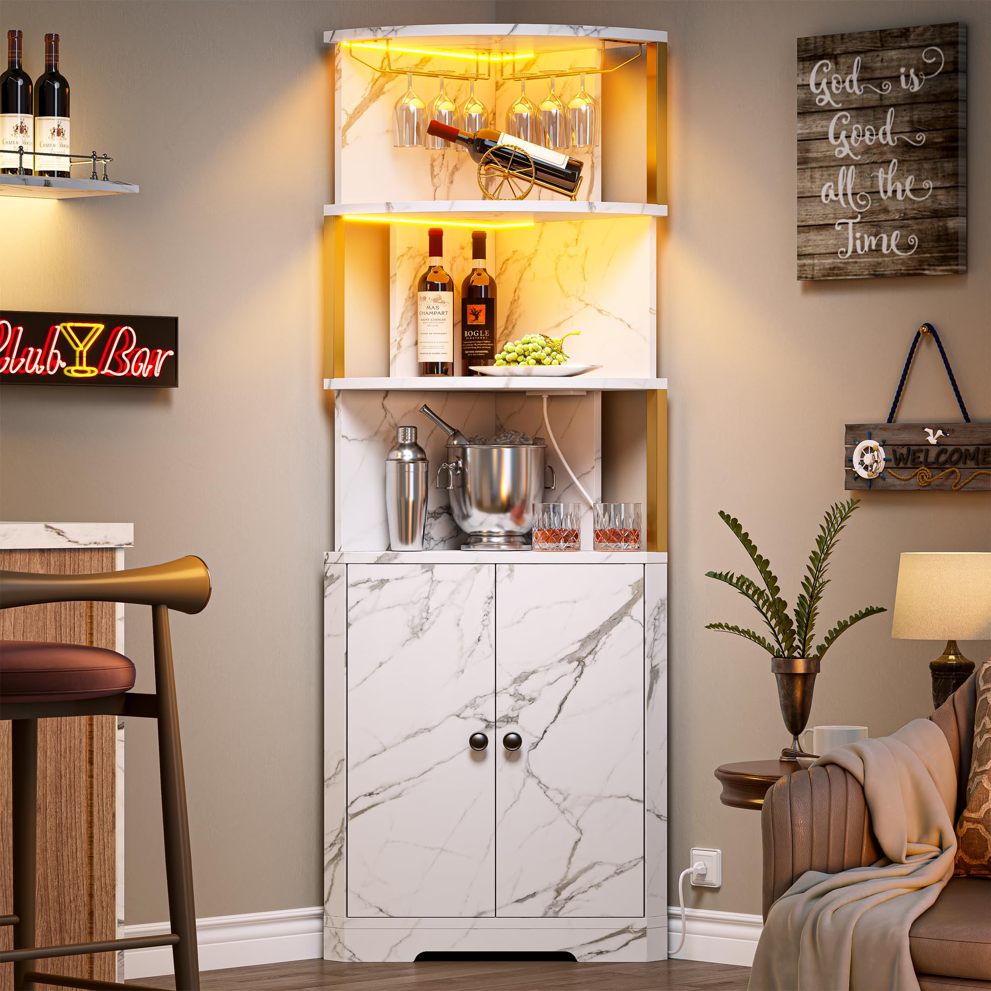 71'' Corner Bar Cabinet with LED Lights