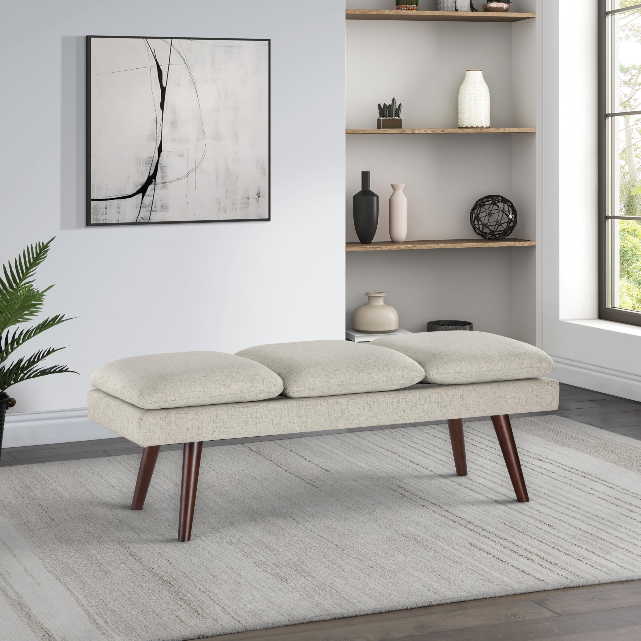 Amanda Mid-Century Modern Upholstered Bench 54-Inch Linen
