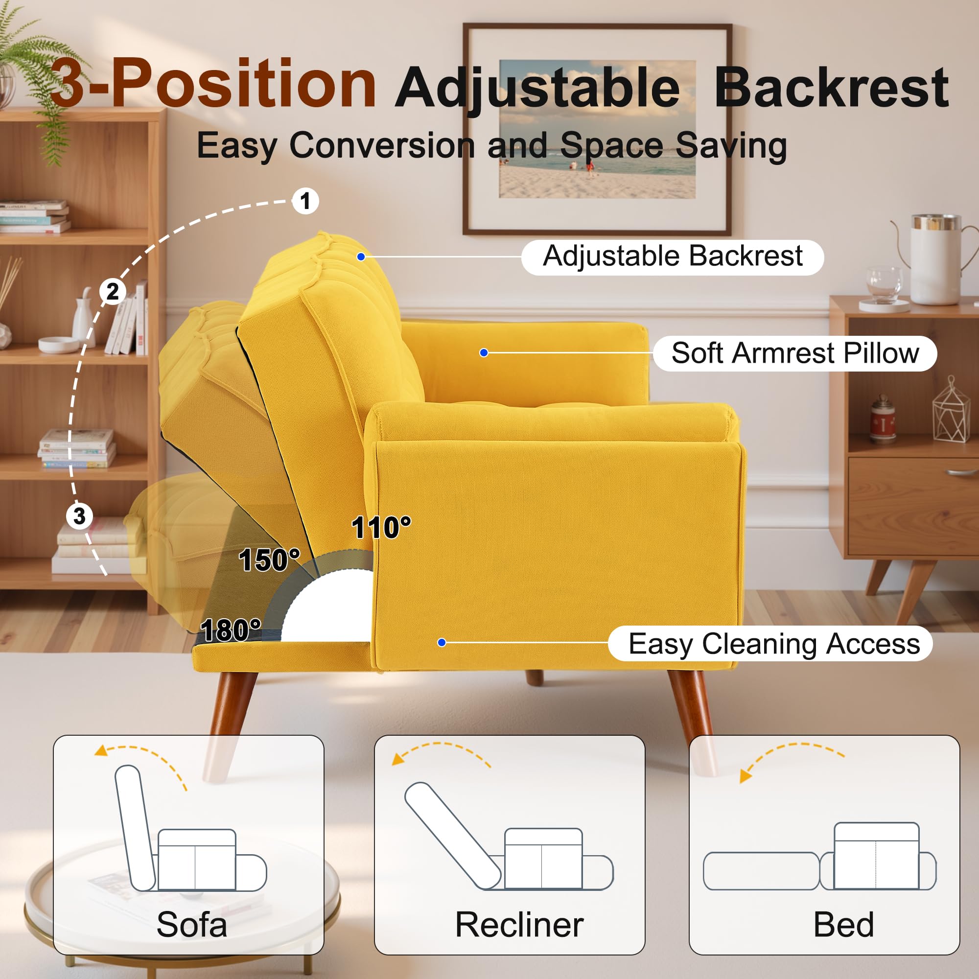 Convertible Futon Sofa Bed with Adjustable Backrest