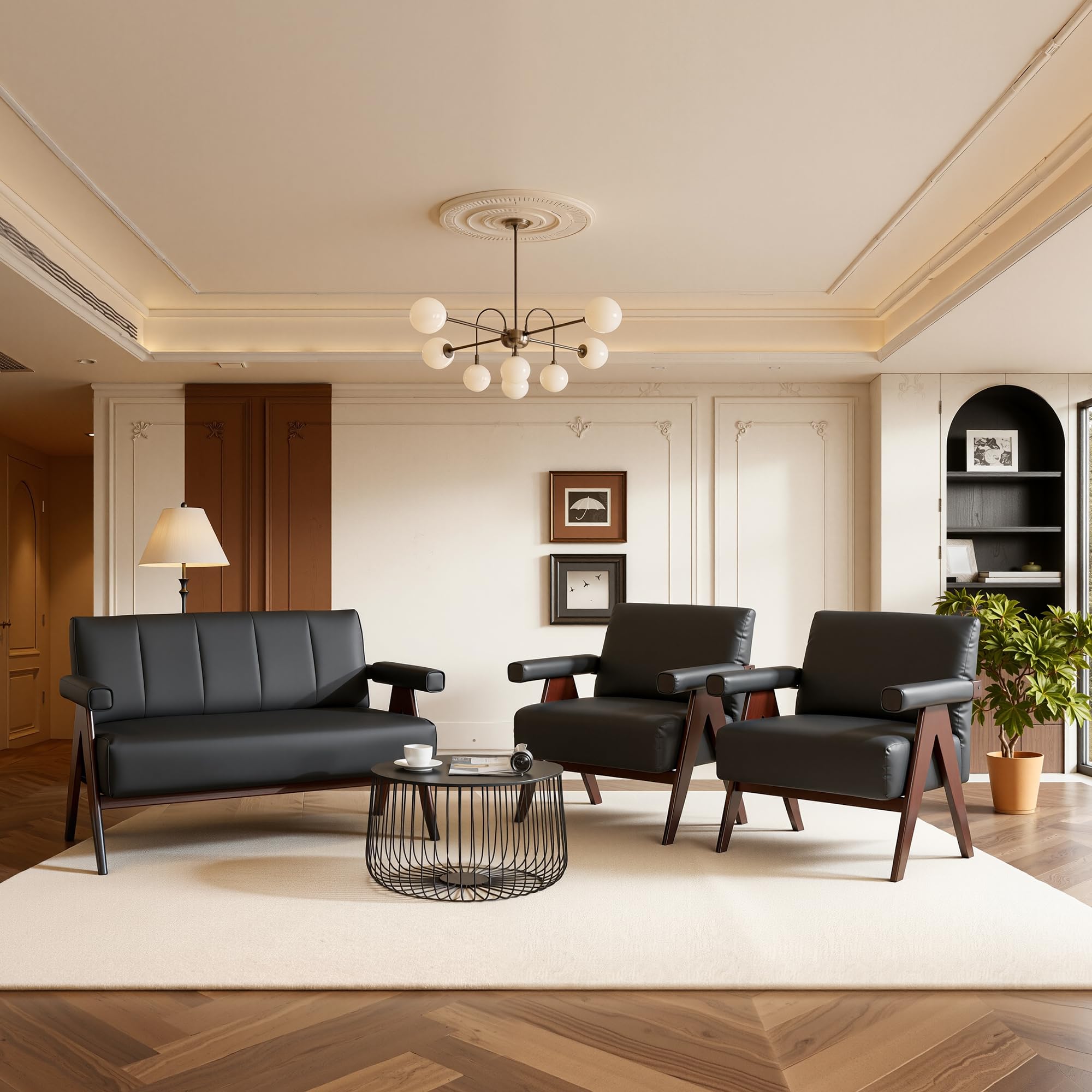 Black Leather Loveseat Sofa and Accent Chairs Set - 3 Pieces